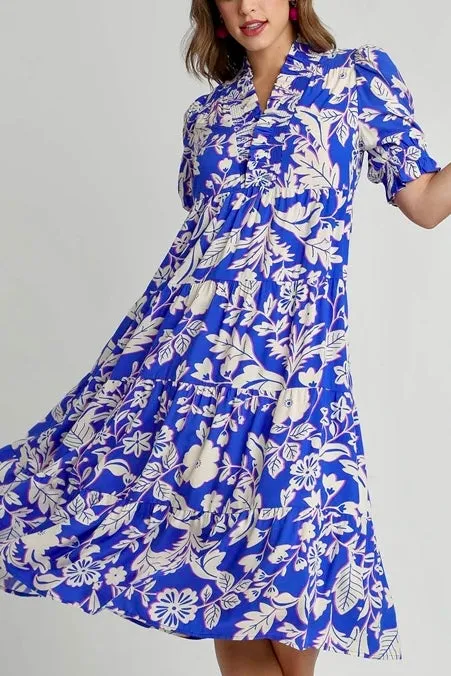 Floral Pattern Maxi Dress with Short Balloon Sleeves- Blue