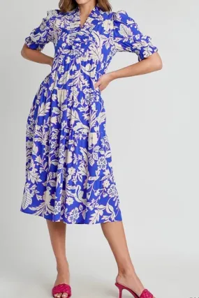 Floral Pattern Maxi Dress with Short Balloon Sleeves- Blue