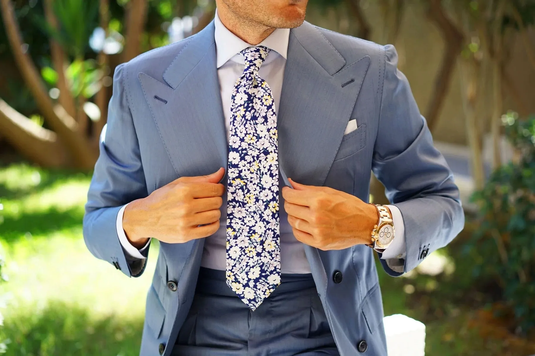 Floral Tie - Navy with White, Purple, Yellow & Green