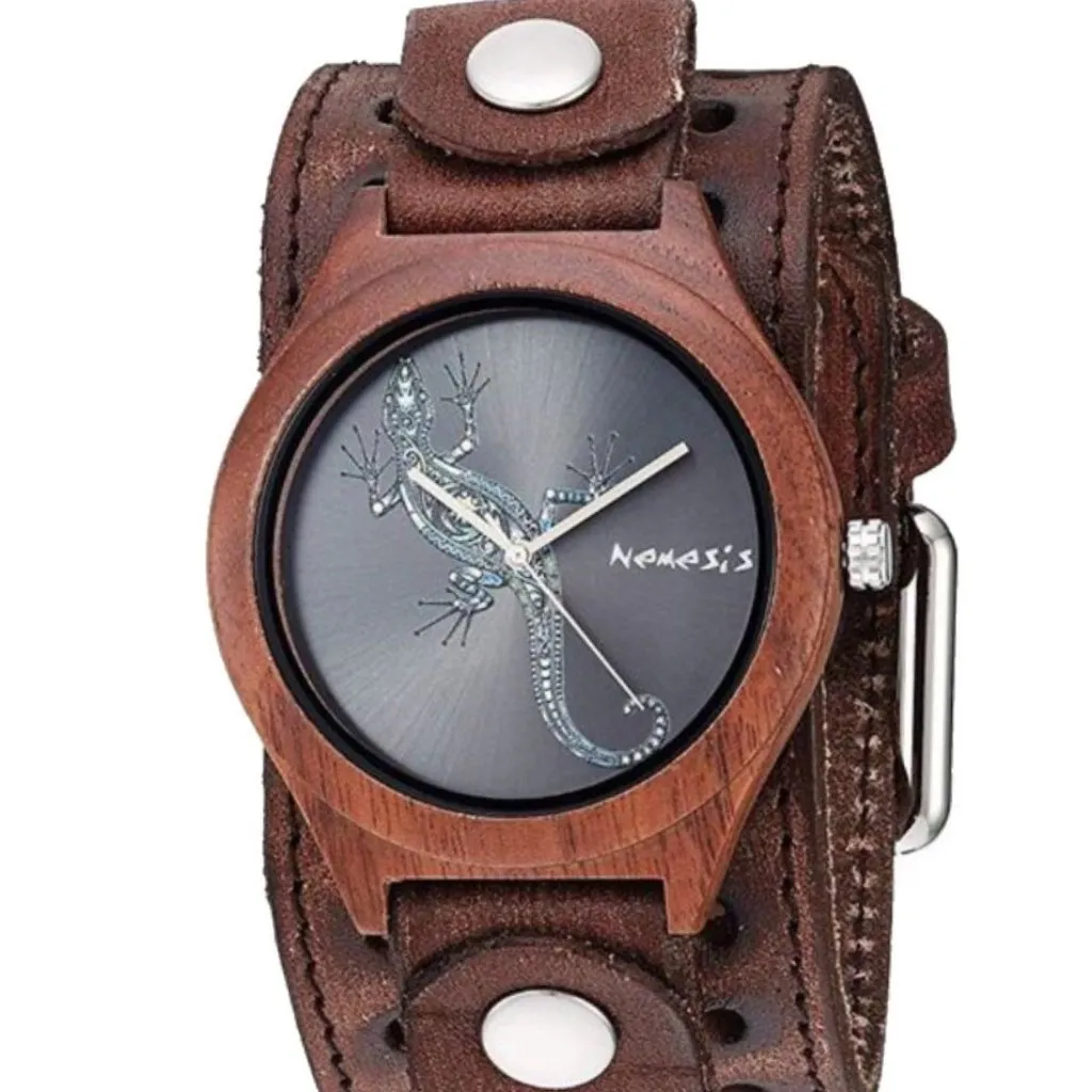 Gecko Natural Wood Watch with Stitched Perforated Distressed Brown Leather Cuff