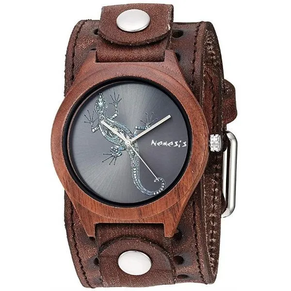 Gecko Natural Wood Watch with Stitched Perforated Distressed Brown Leather Cuff