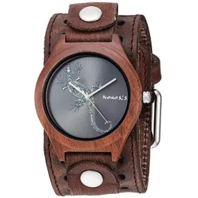 Gecko Natural Wood Watch with Stitched Perforated Distressed Brown Leather Cuff