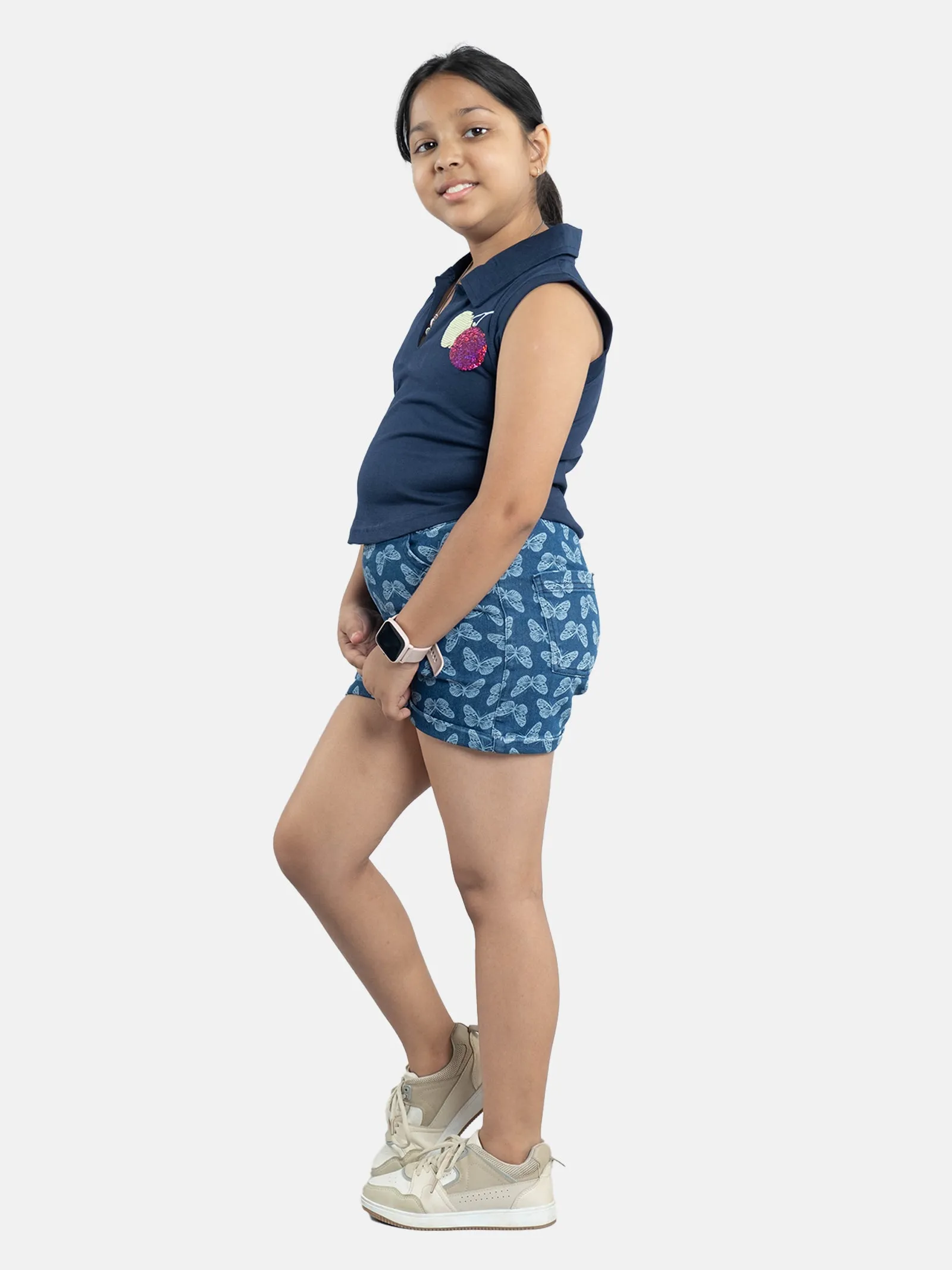 Girls Cropped Applique Embroidery Polo Tee & Rollup Hot Shorts Sets