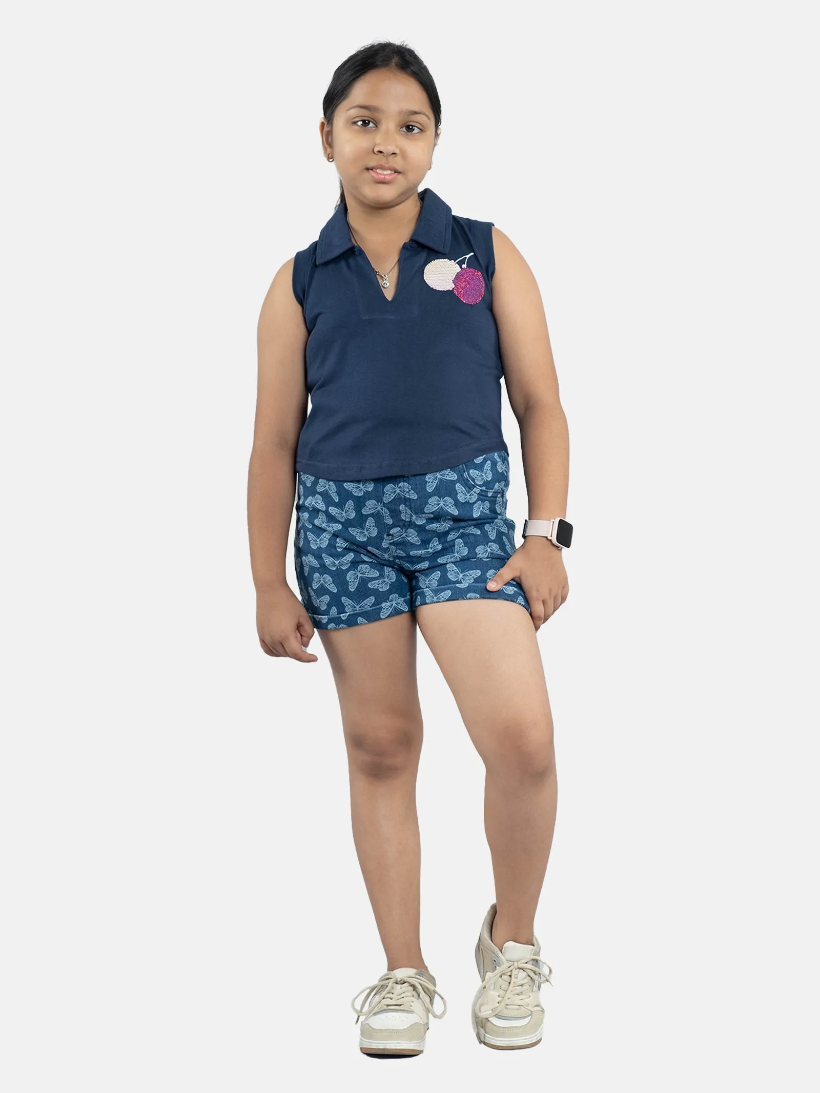 Girls Cropped Applique Embroidery Polo Tee & Rollup Hot Shorts Sets