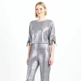 Glitter Foil - Pull-Tie Cuff Blouson Top - Gunmetal