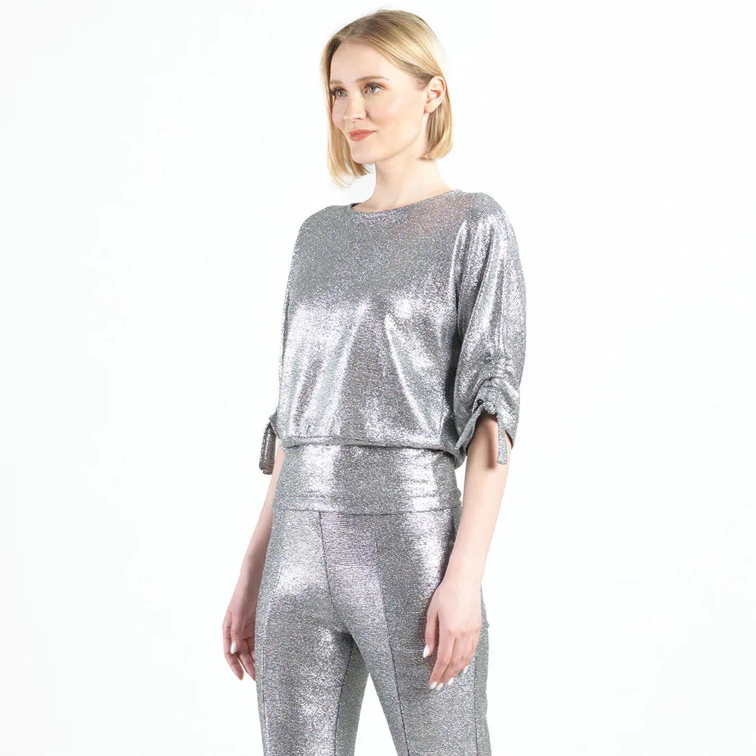 Glitter Foil - Pull-Tie Cuff Blouson Top - Gunmetal