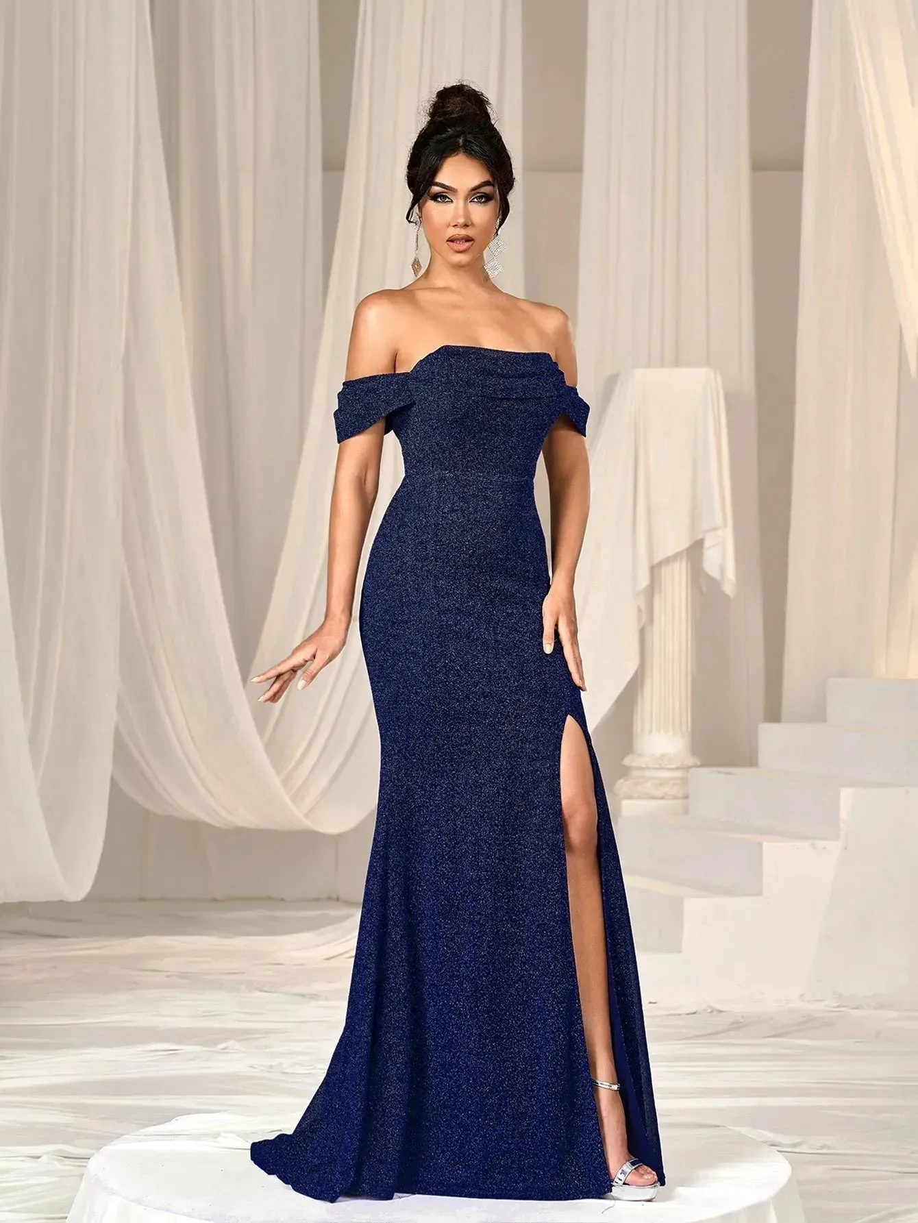 Glitter Off Shoulder Split Mermaid Hem Evening Dress