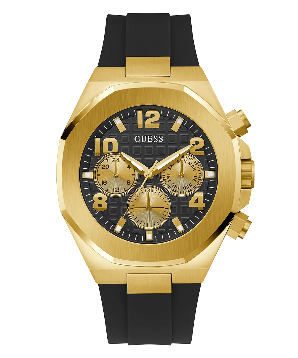 GUESS Mens Black Gold Tone Multi-function Watch