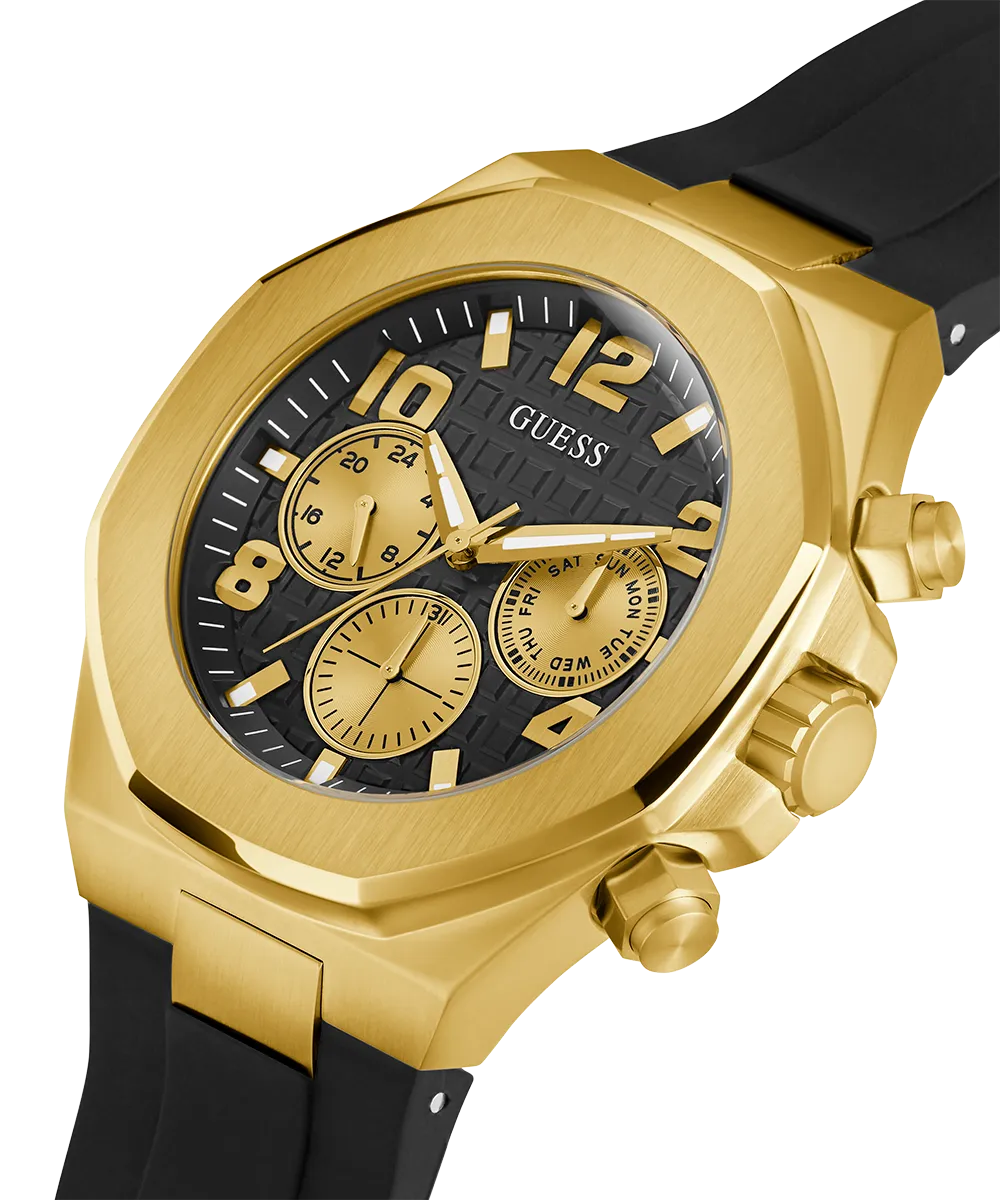 GUESS Mens Black Gold Tone Multi-function Watch