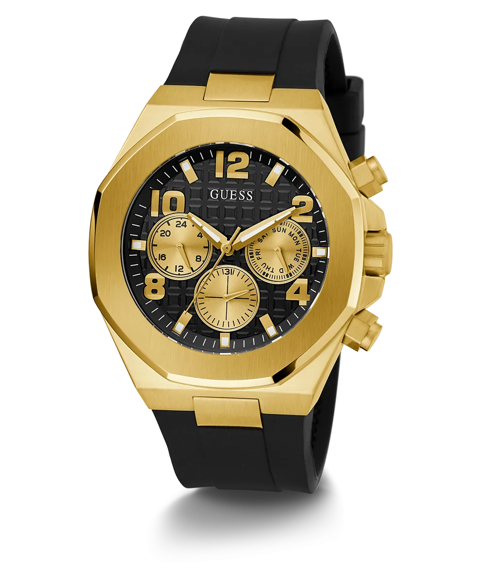 GUESS Mens Black Gold Tone Multi-function Watch