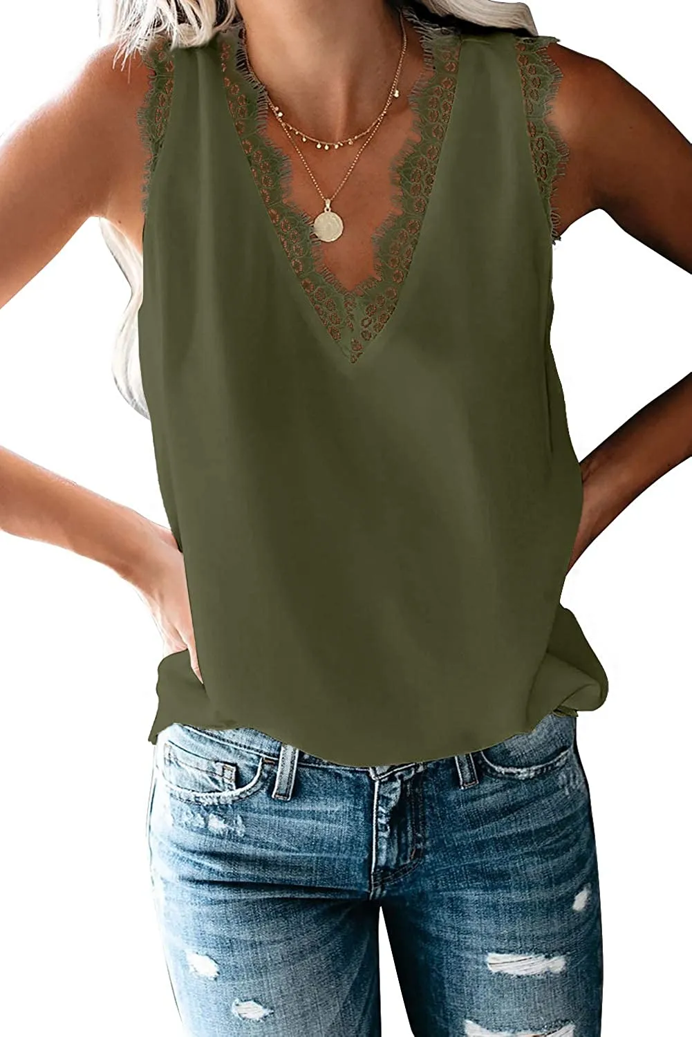 Haute Edition Women's Lace Trim V-Neck Summer Casual Tank Top