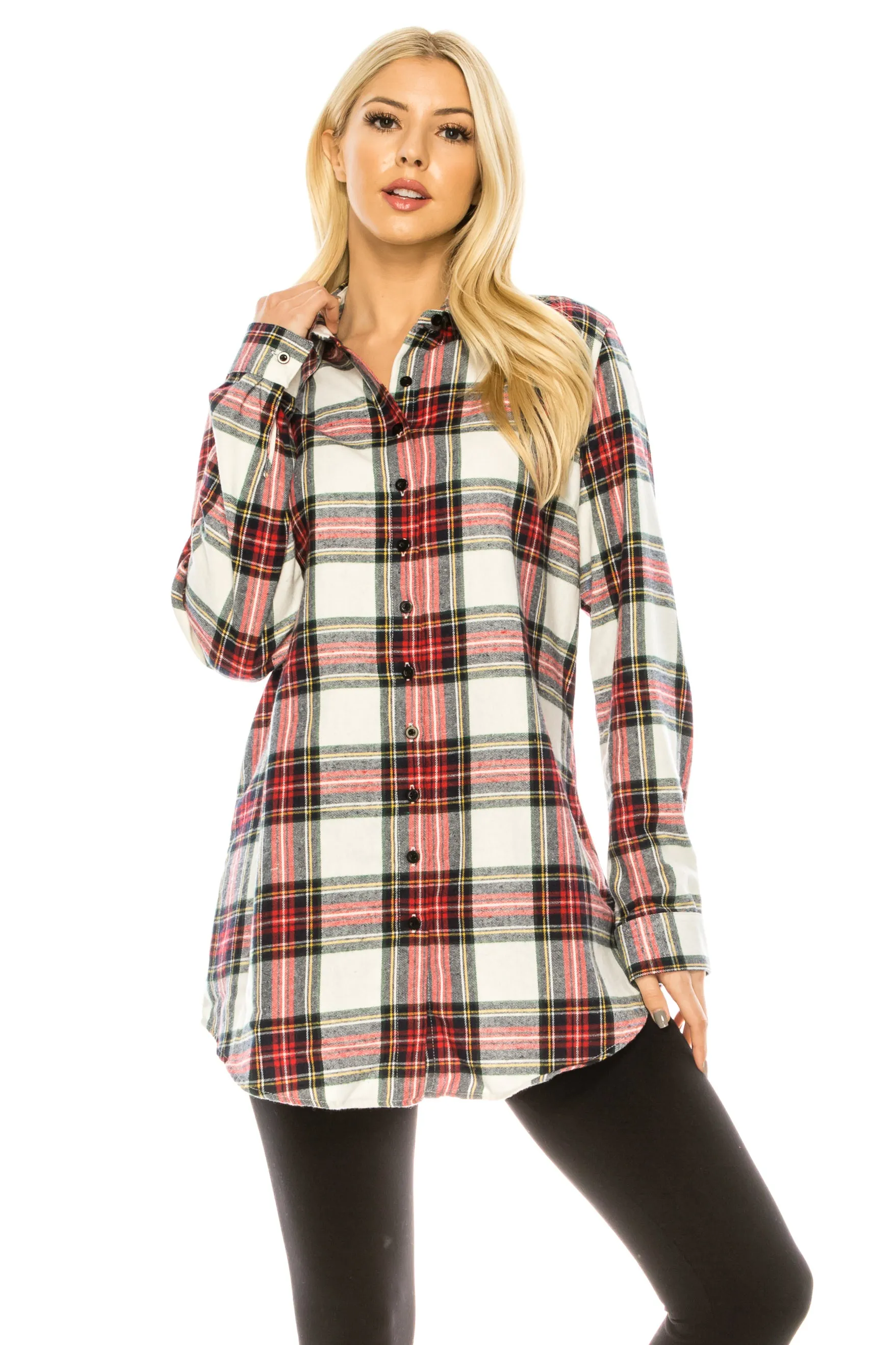 Haute Edition Women's Long Button Down Flannel Tunic Shirt with Plus