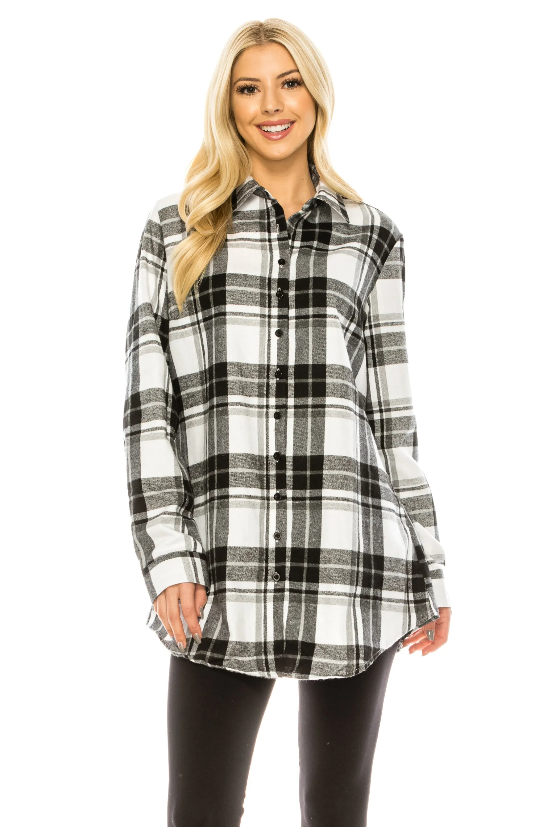 Haute Edition Women's Long Button Down Flannel Tunic Shirt with Plus