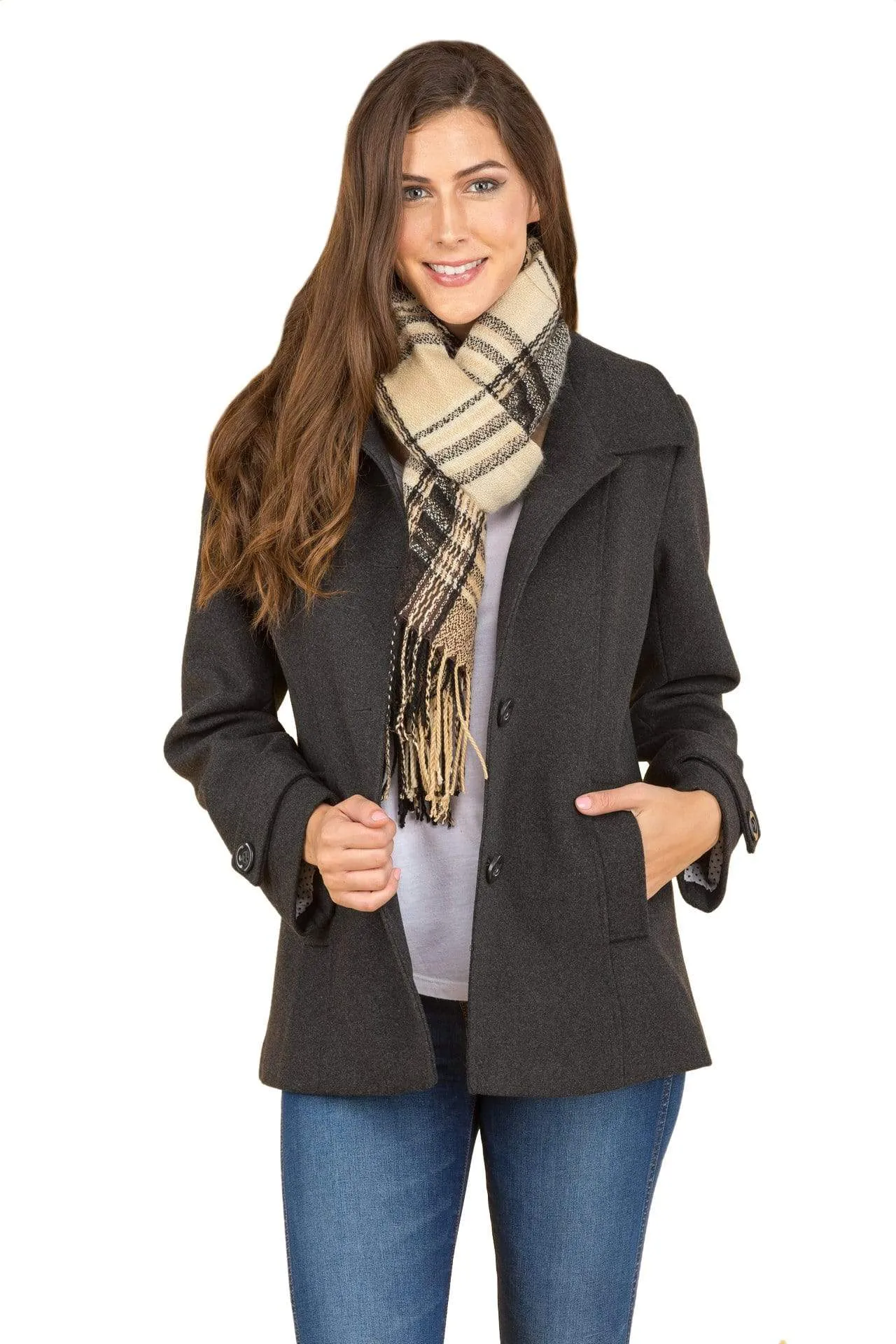 Haute Edition Women's Short Length Wool Blend Car Coat with Free Scarf