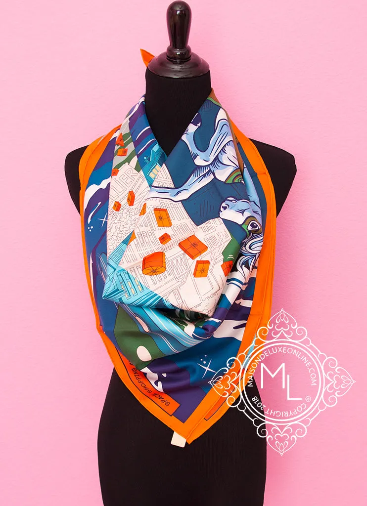 Hermes Blue Orange Twill Silk 90 cm Space Shopping au Faubourg Scarf