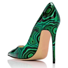 High-heels with green-and-black pattern, Fashion Evening Party Shoes, yy24