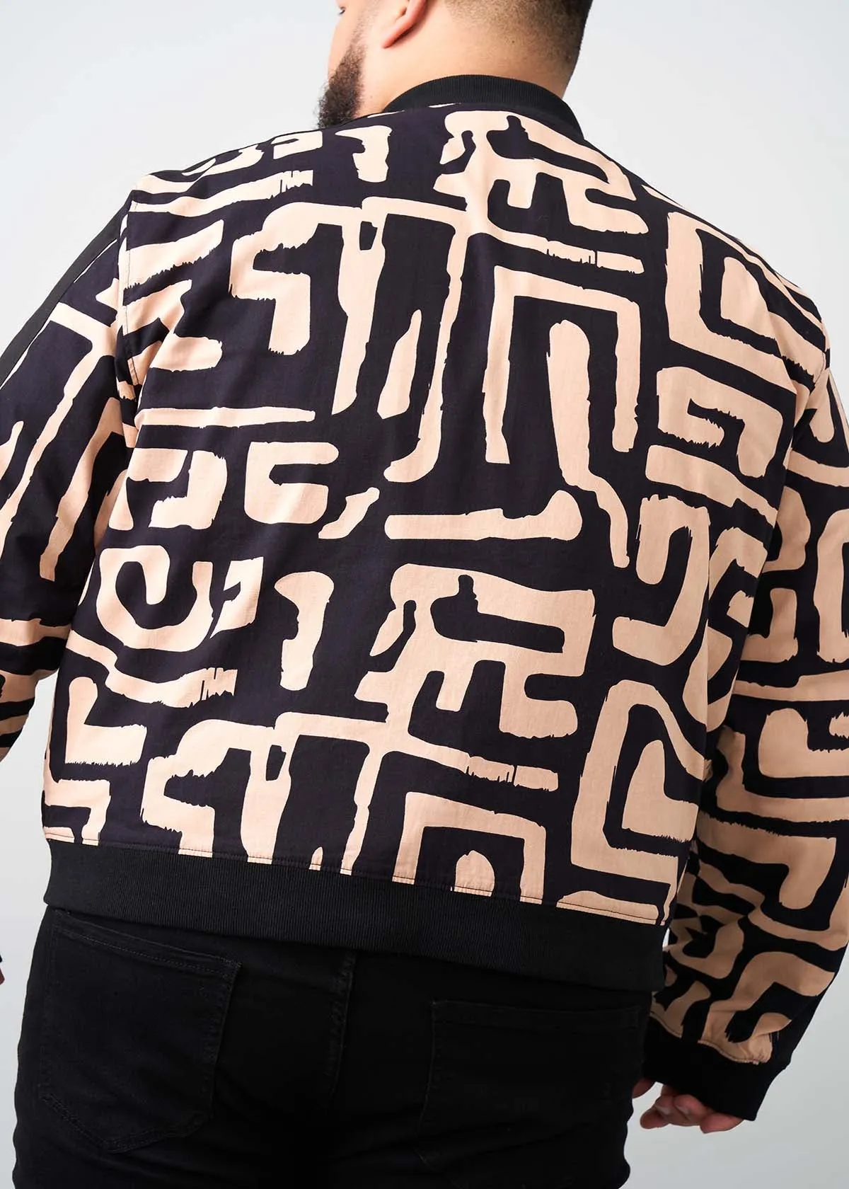 Ise Men's African Print Reversible Bomber Jacket (Black Tan Geometric)