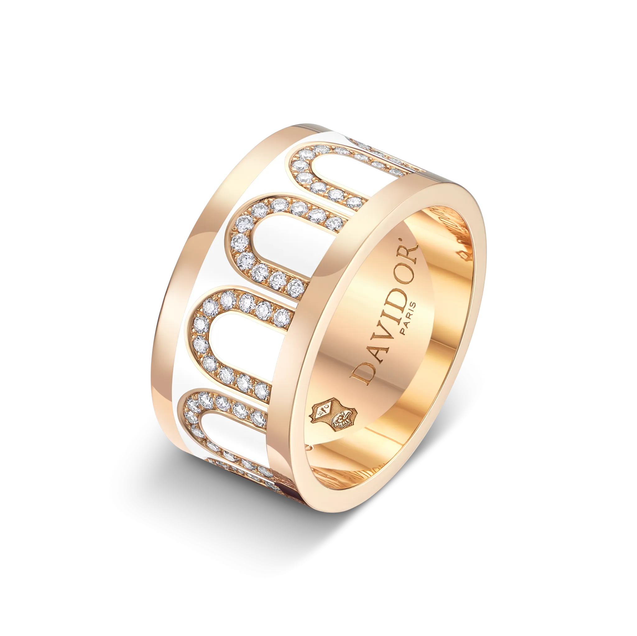 L'Arc de DAVIDOR Ring GM, 18k Rose Gold with Neige Lacquered Ceramic and Arcade Diamonds