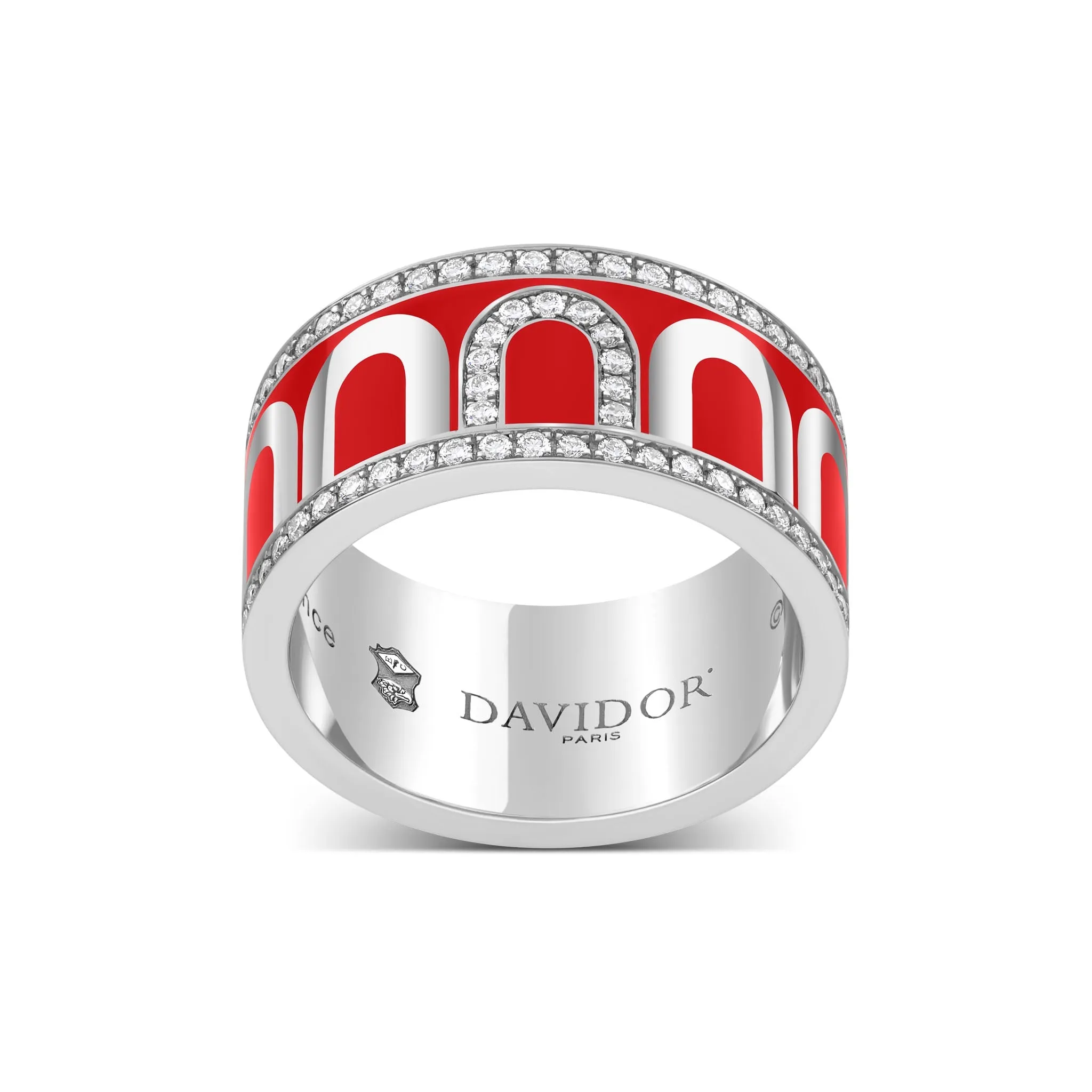 L'Arc de DAVIDOR Ring GM, 18k White Gold with Fraise Lacquered Ceramic and Porta Diamonds