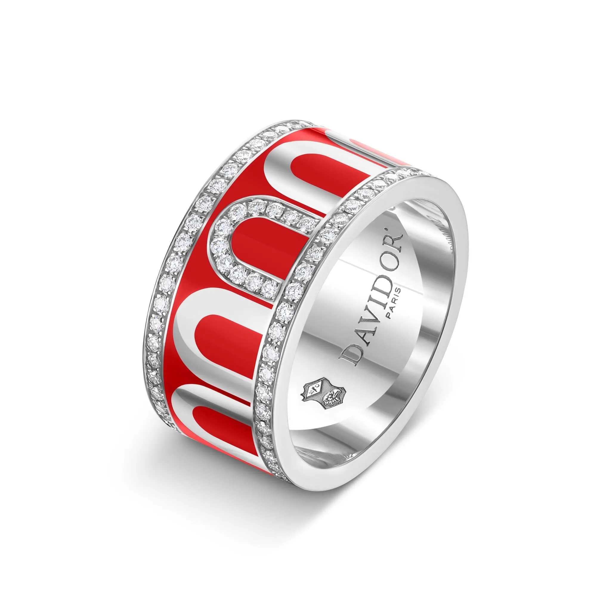 L'Arc de DAVIDOR Ring GM, 18k White Gold with Fraise Lacquered Ceramic and Porta Diamonds