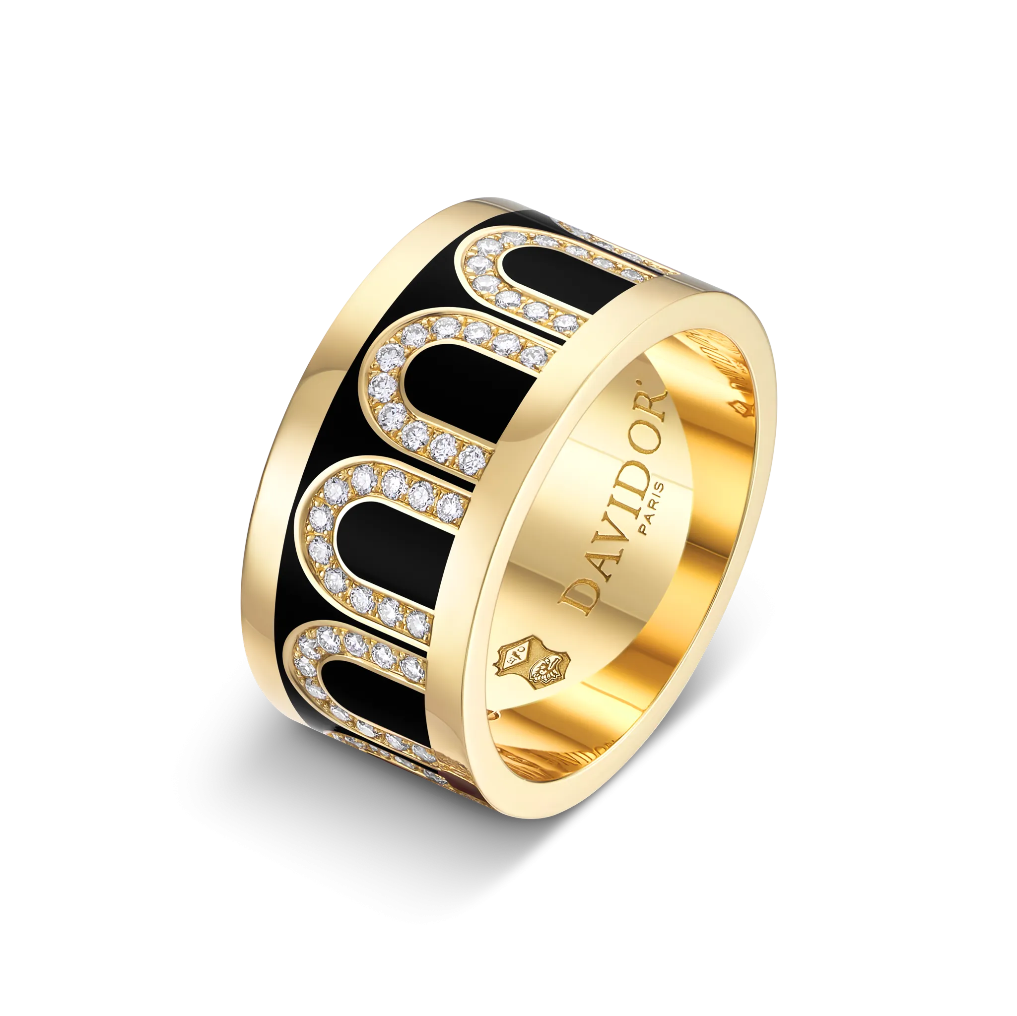 L'Arc de DAVIDOR Ring GM, 18k Yellow Gold with Caviar Lacquered Ceramic and Arcade Diamonds