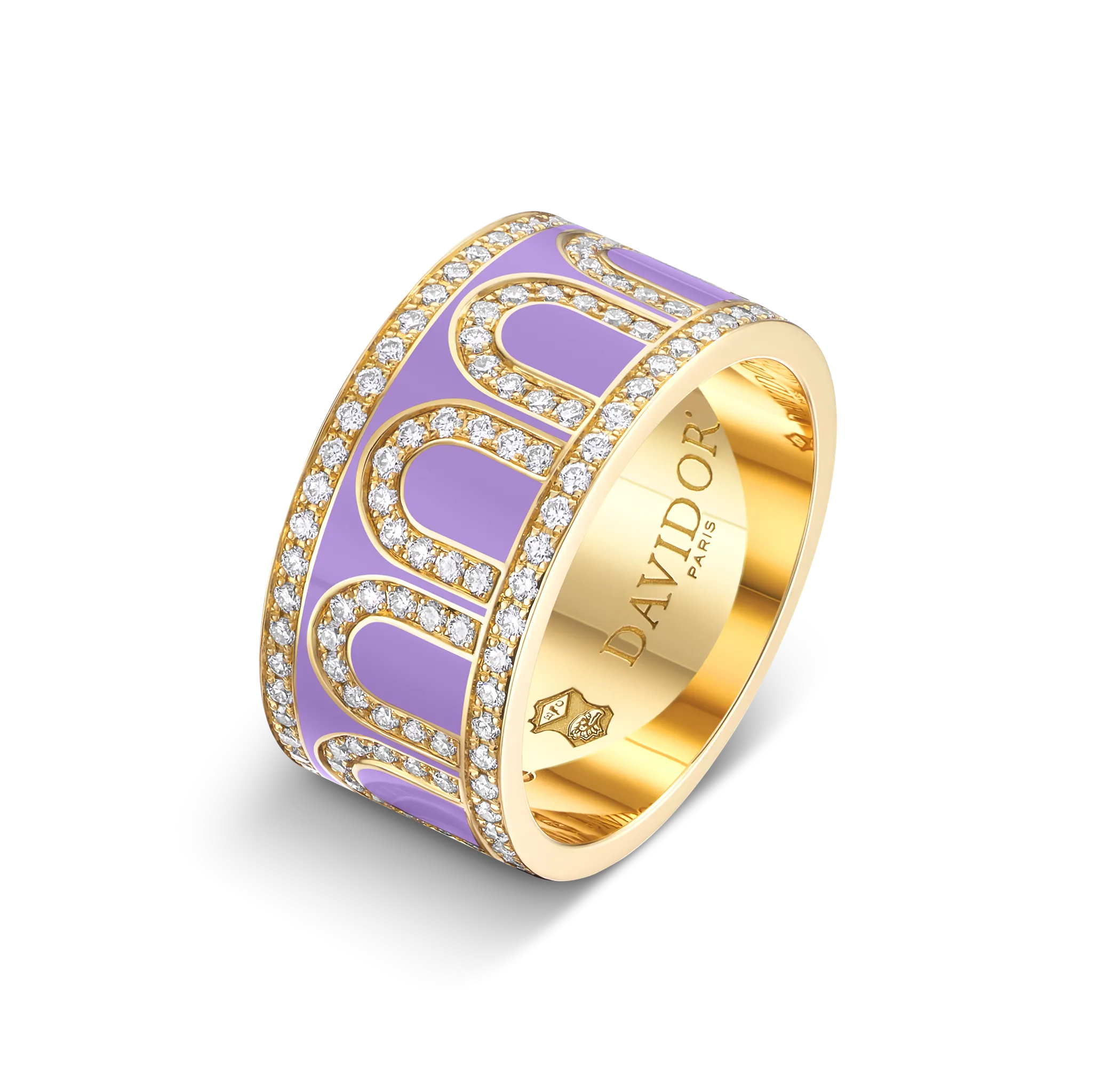 L'Arc de DAVIDOR Ring GM, 18k Yellow Gold with Lavande Lacquered Ceramic and Palais Diamonds