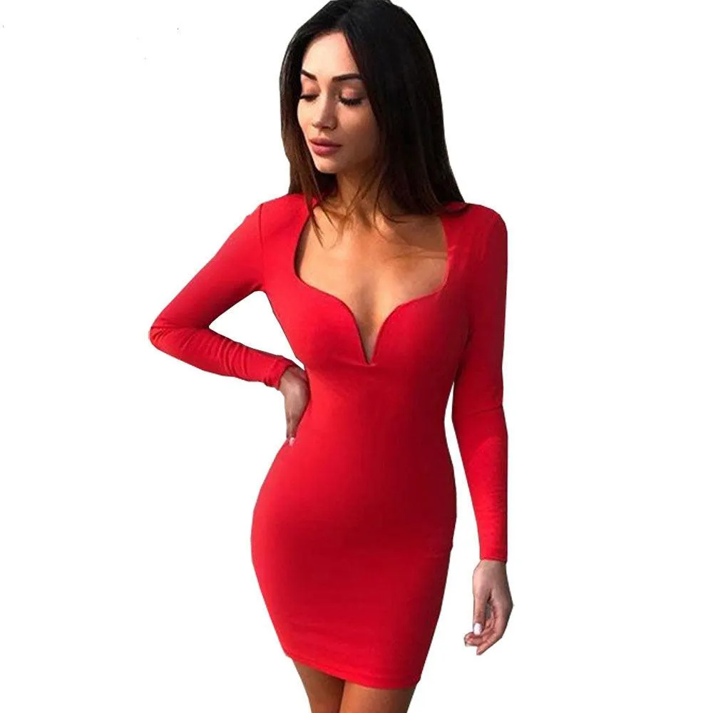 LONG SLEEVE LOW-CUT BODYCON DRESS