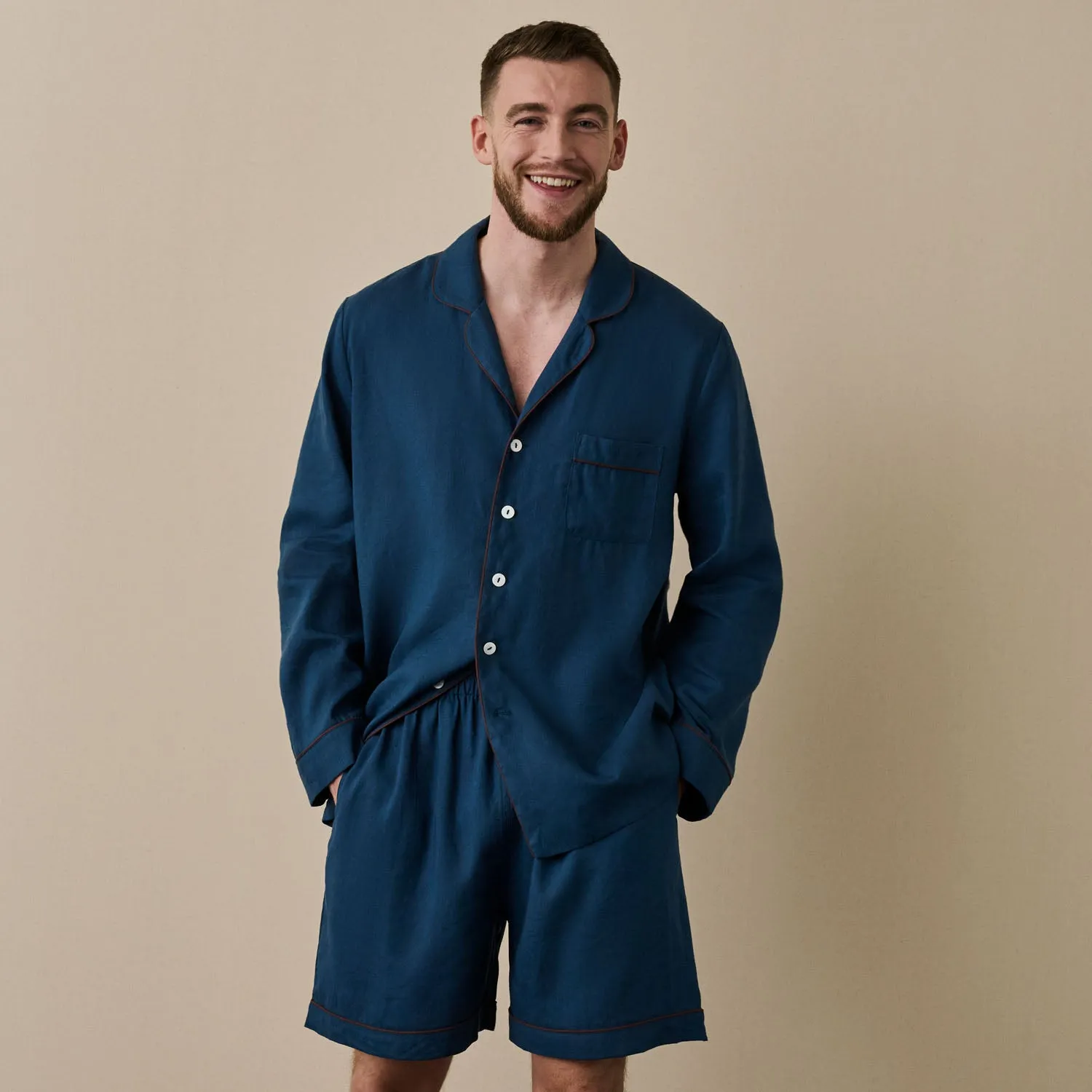 Marine Blue Linen Men's Pyjama Shirt