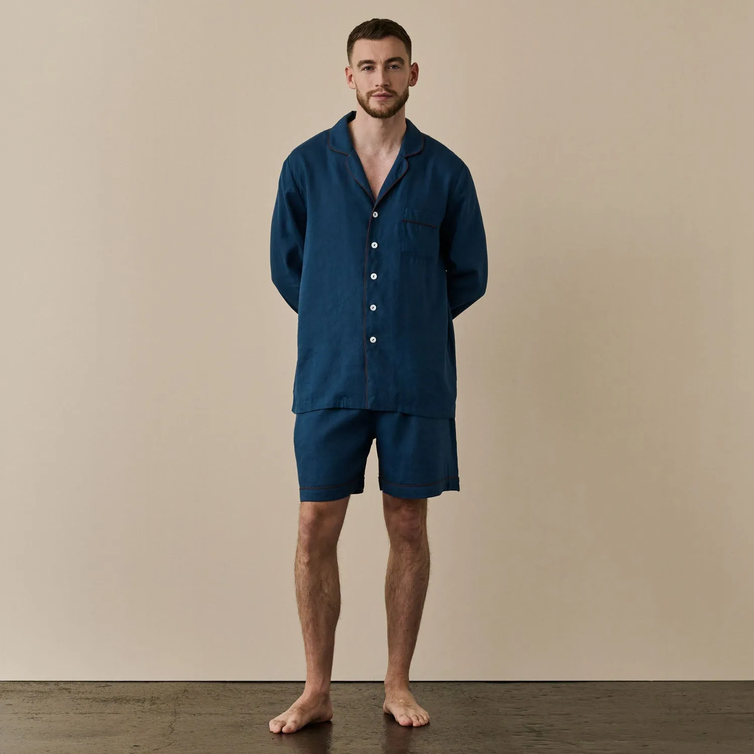 Marine Blue Linen Men's Pyjama Short Set