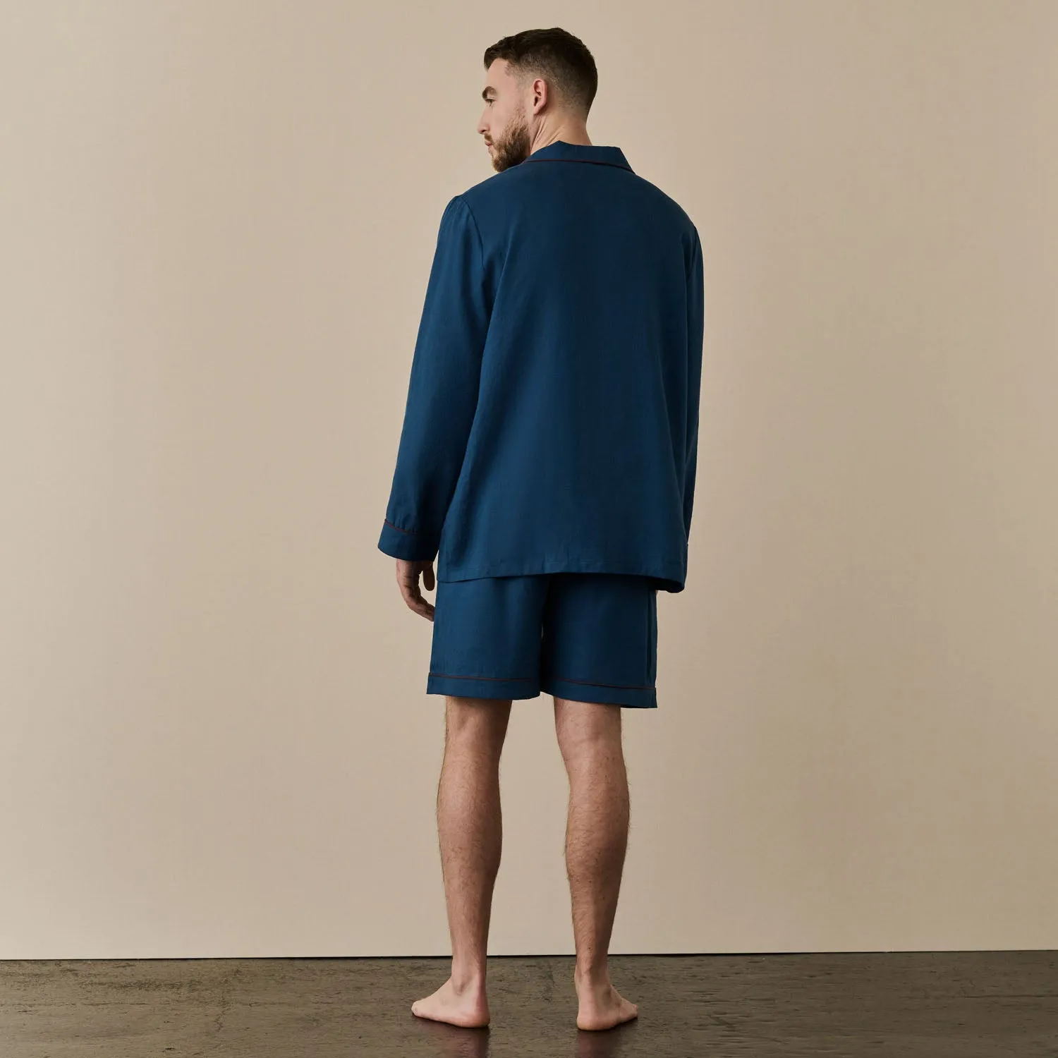 Marine Blue Linen Men's Pyjama Short Set