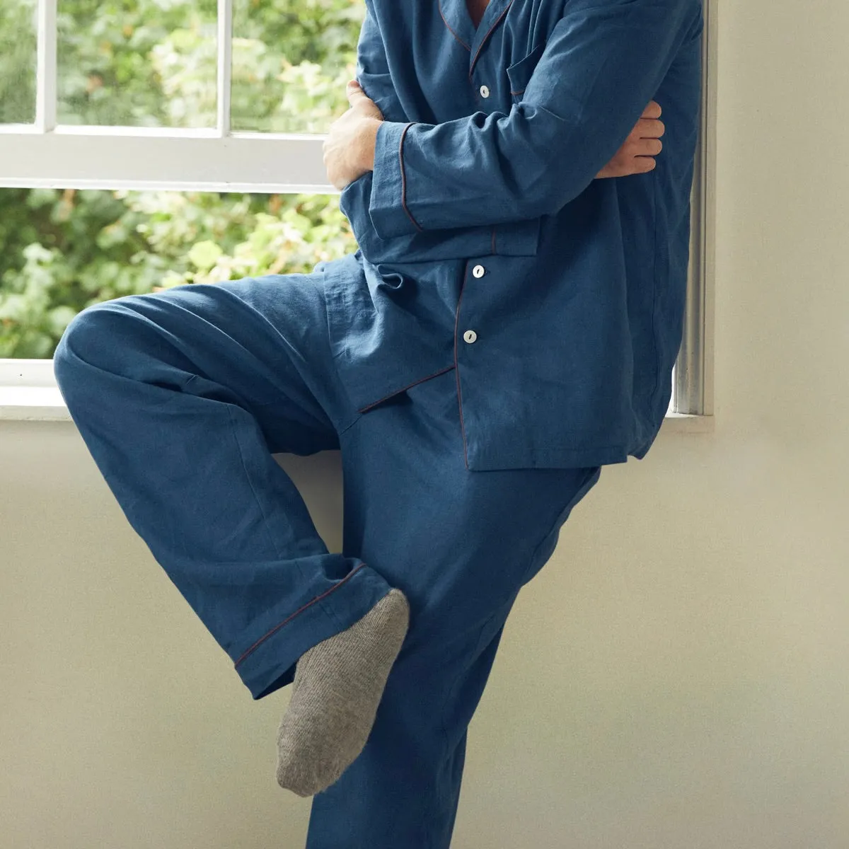 Marine Blue Linen Men's Pyjama Trouser Set