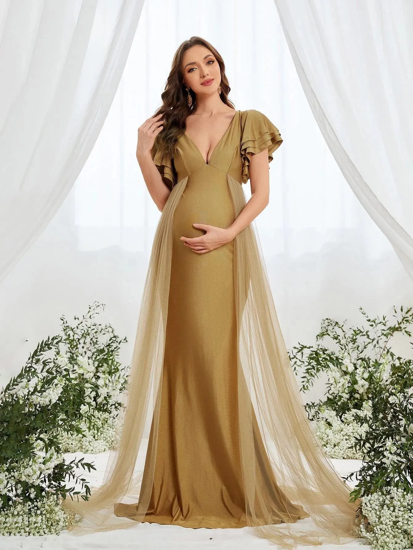 Maternity Plunging Neck Layered Ruffle Sleeve Mermaid Dress