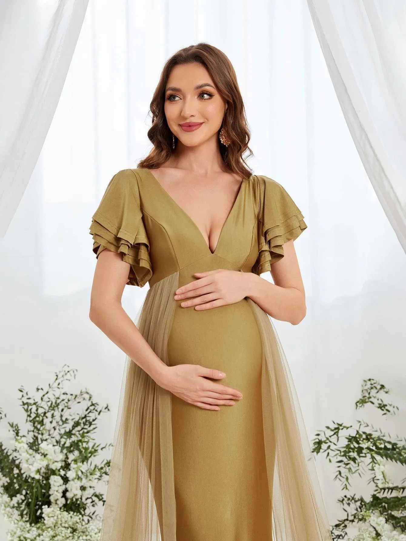 Maternity Plunging Neck Layered Ruffle Sleeve Mermaid Dress