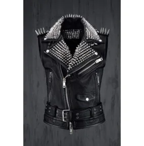 Men Belted Black Leather Vest, Men Biker Studded Jacket