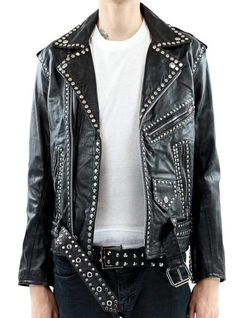 Men Silver Studded Jacket Black Punk Silver Spiked Leather Belted Biker Jacket