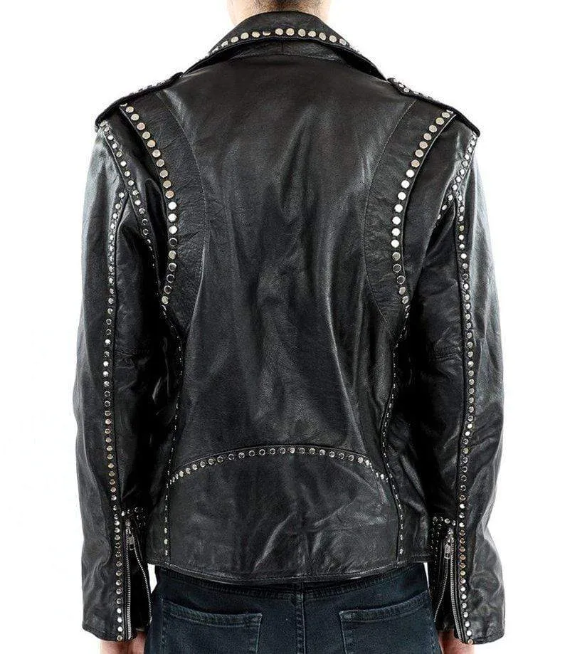 Men Silver Studded Jacket Black Punk Silver Spiked Leather Belted Biker Jacket