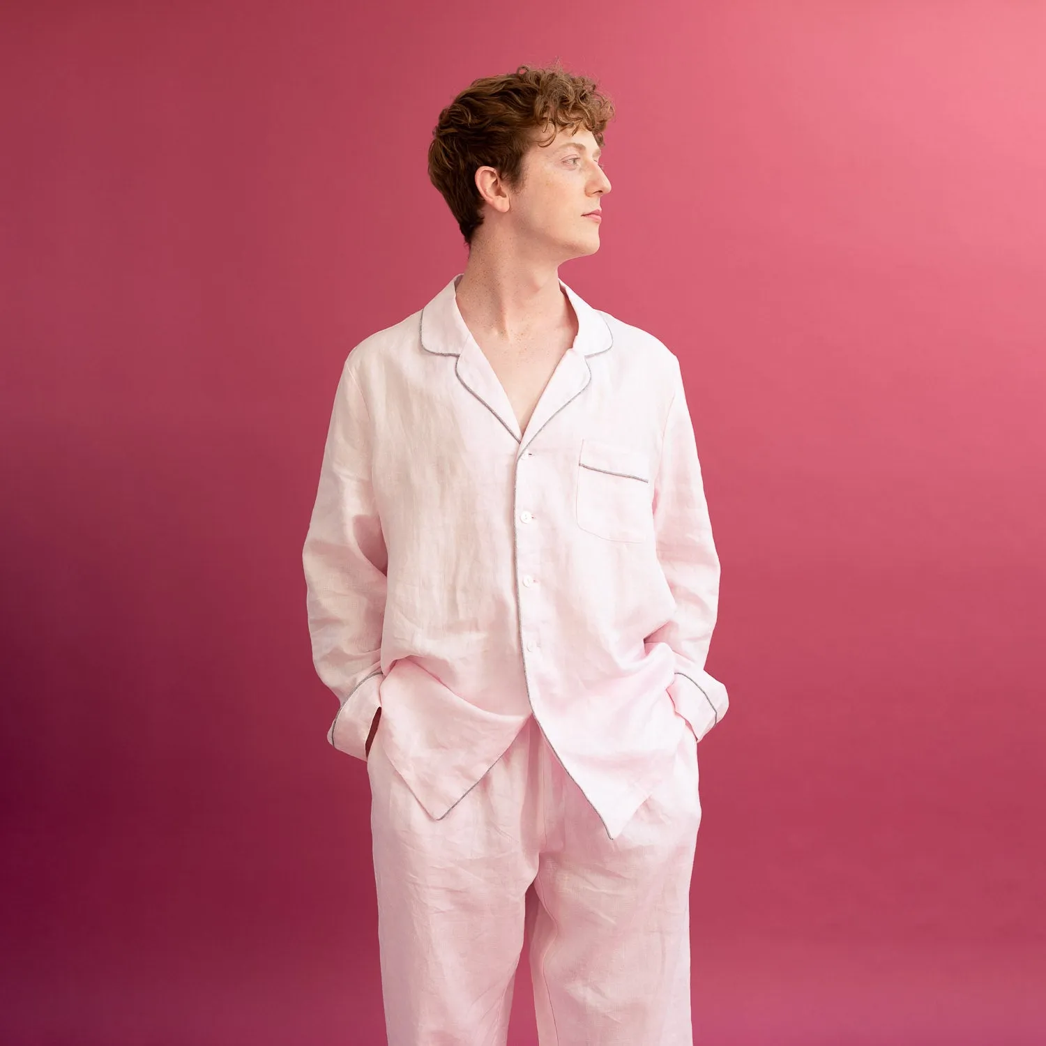 Men's Blush Pink Linen Pyjama Trouser Set