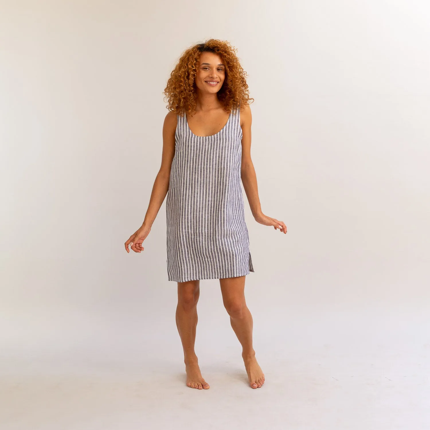 Midnight Stripe Linen Night Dress