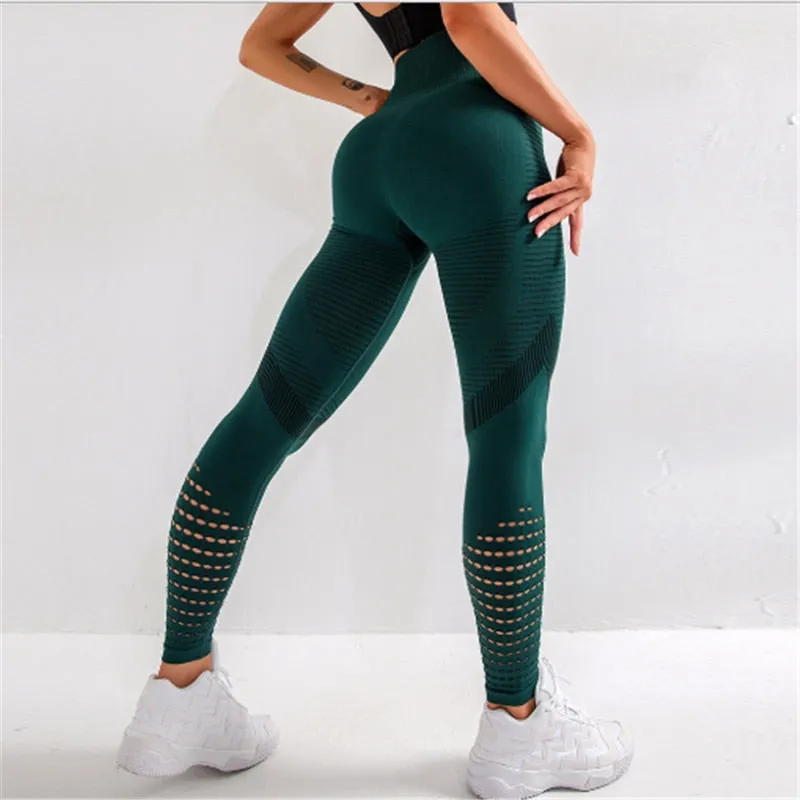 NICERES Seamless Gym Leggings High Waist Hollow Out Sexy Push Up Running Tight Yoga Leggings Sport Pants Women Fitness