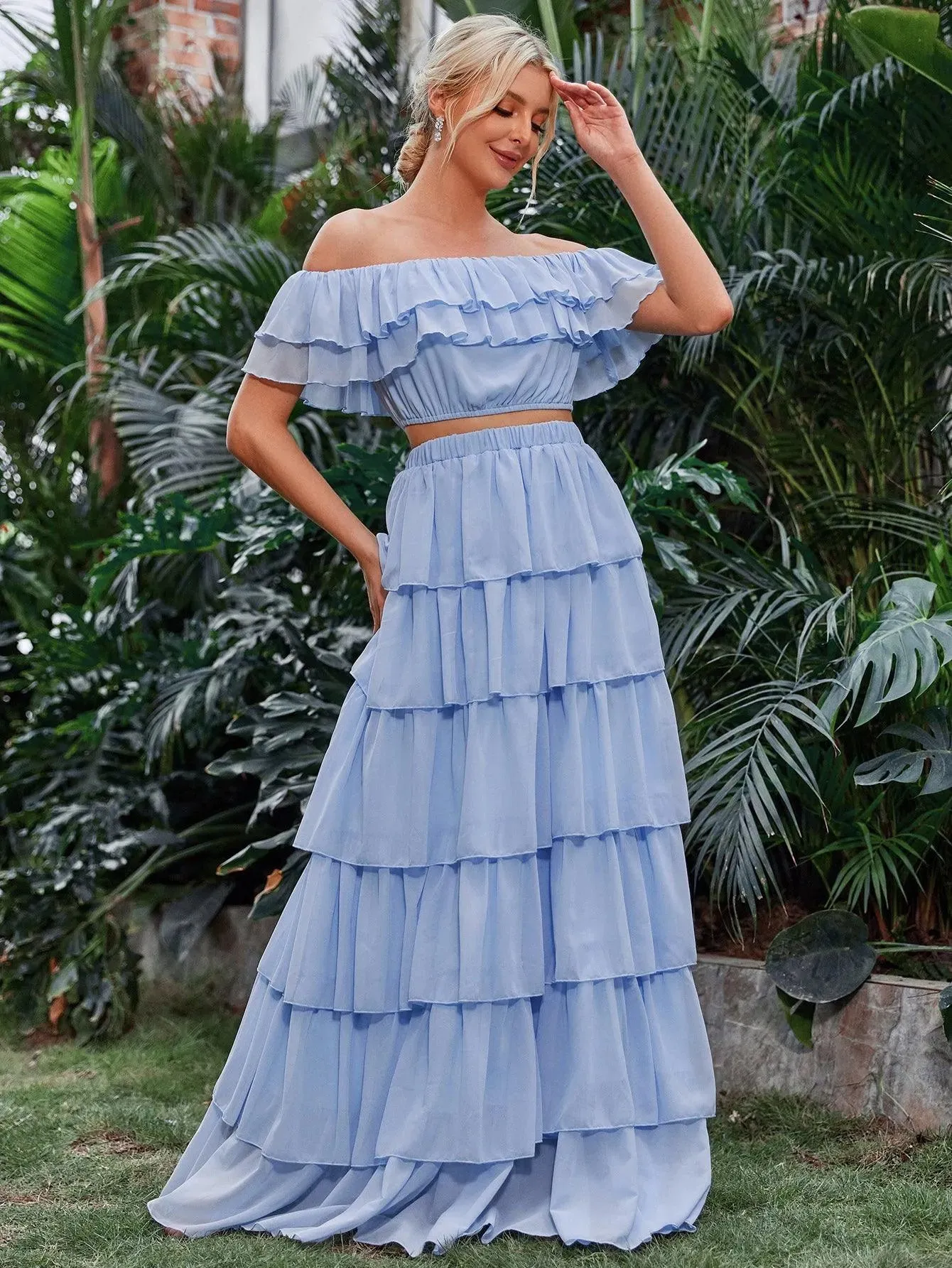 Off Shoulder Crop Top & Tiered Maxi Skirt Chiffon Two Piece Set