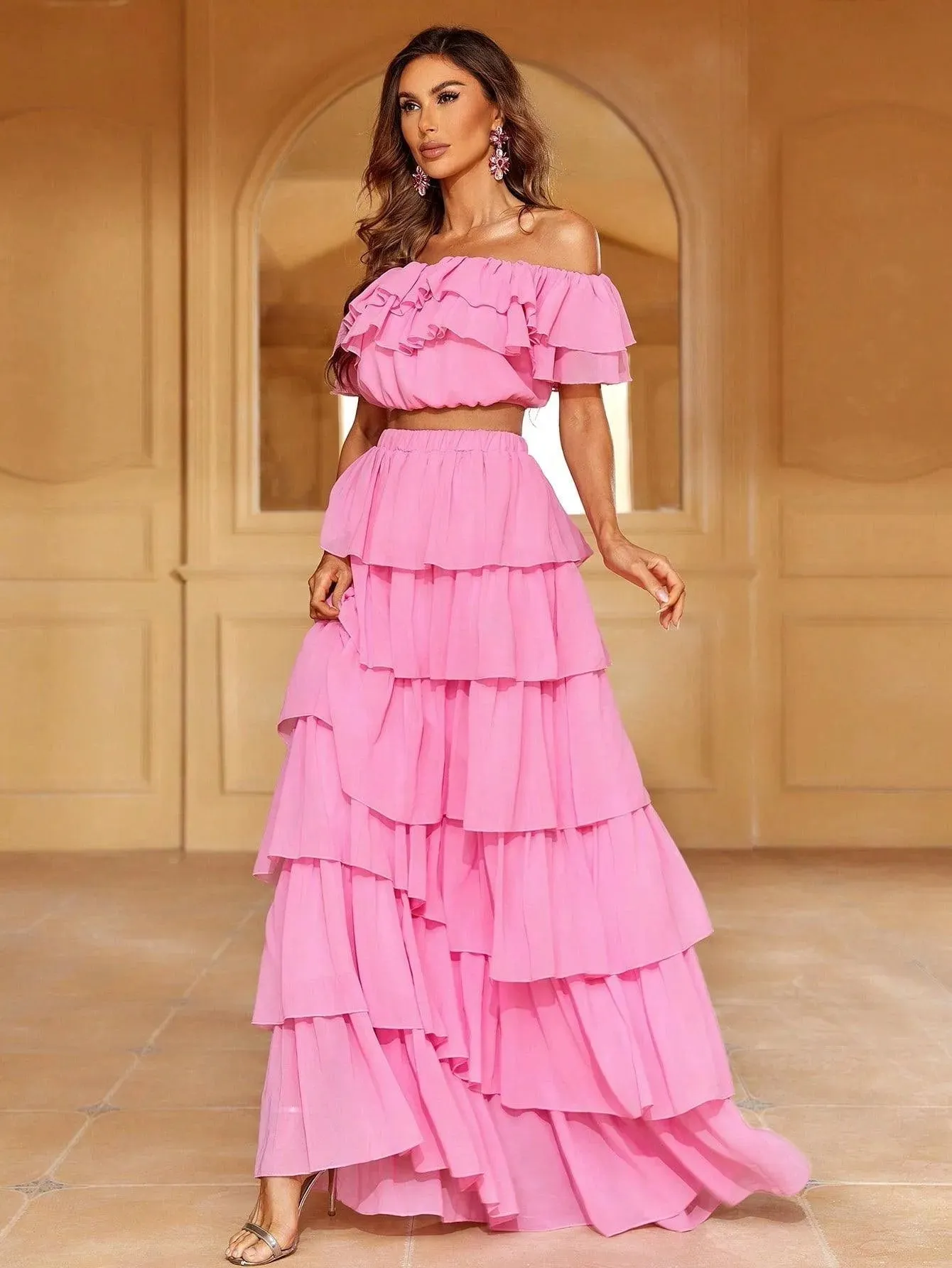 Off Shoulder Crop Top & Tiered Maxi Skirt Chiffon Two Piece Set