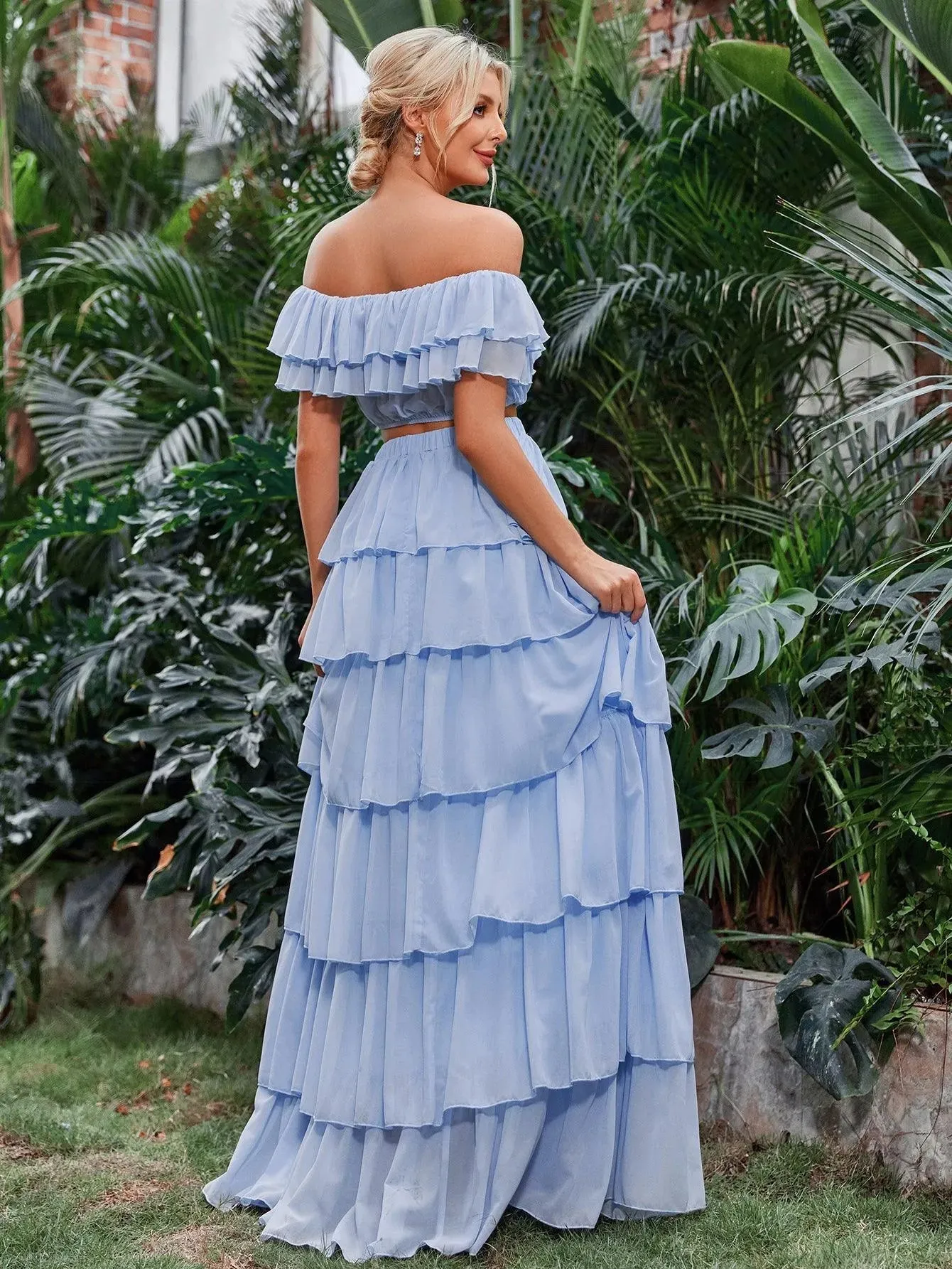 Off Shoulder Crop Top & Tiered Maxi Skirt Chiffon Two Piece Set