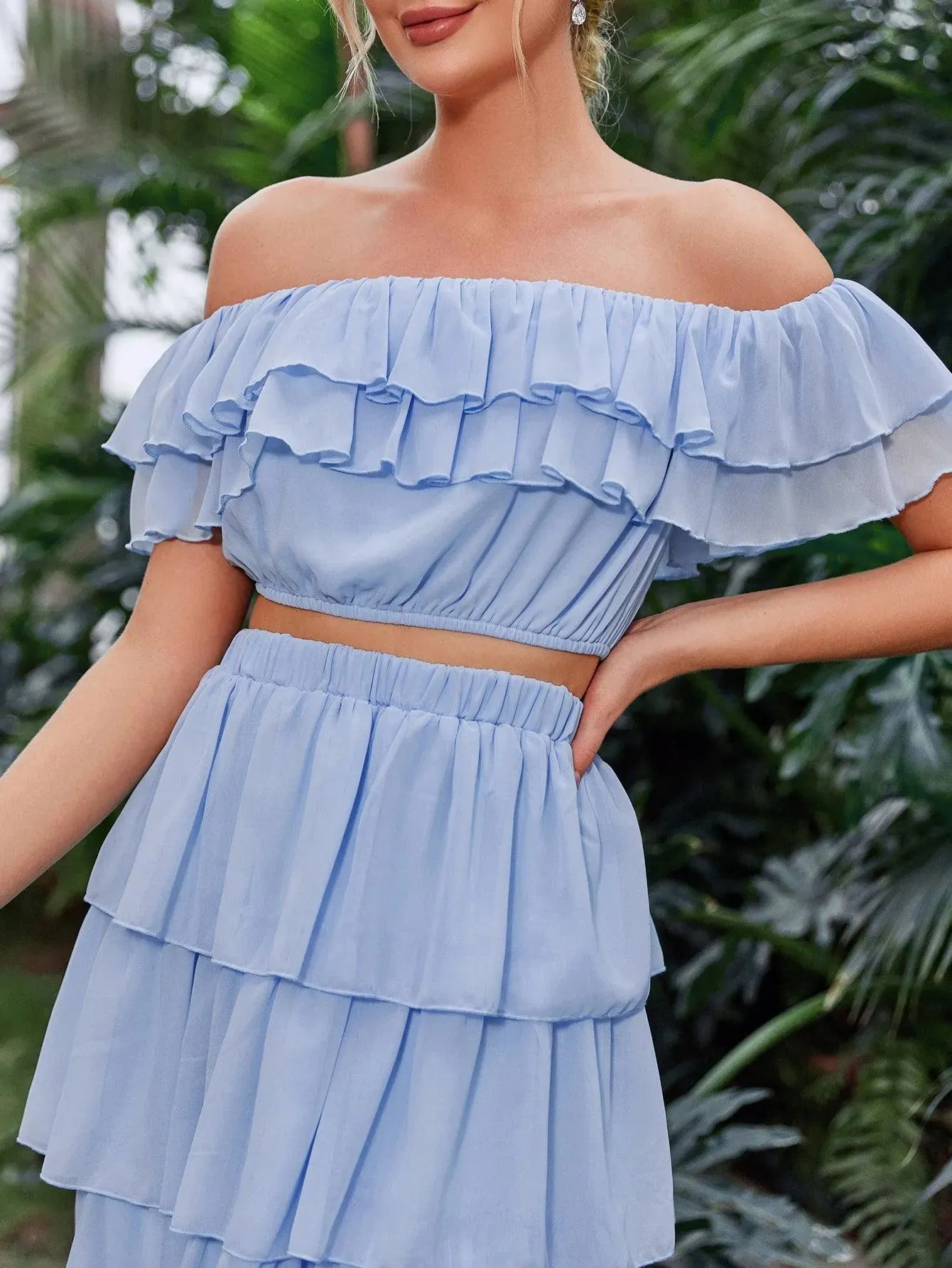 Off Shoulder Crop Top & Tiered Maxi Skirt Chiffon Two Piece Set