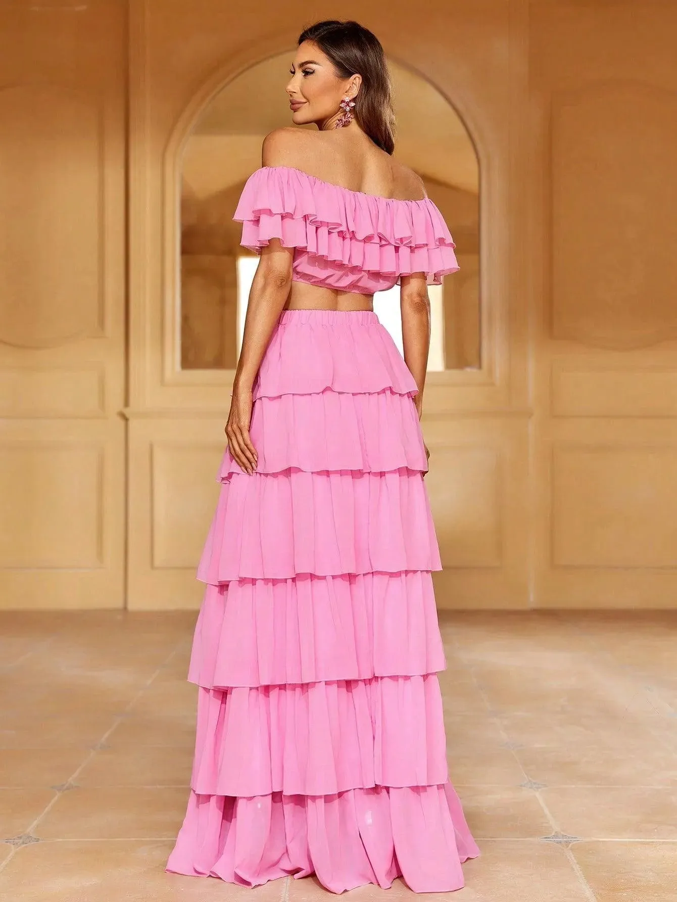 Off Shoulder Crop Top & Tiered Maxi Skirt Chiffon Two Piece Set