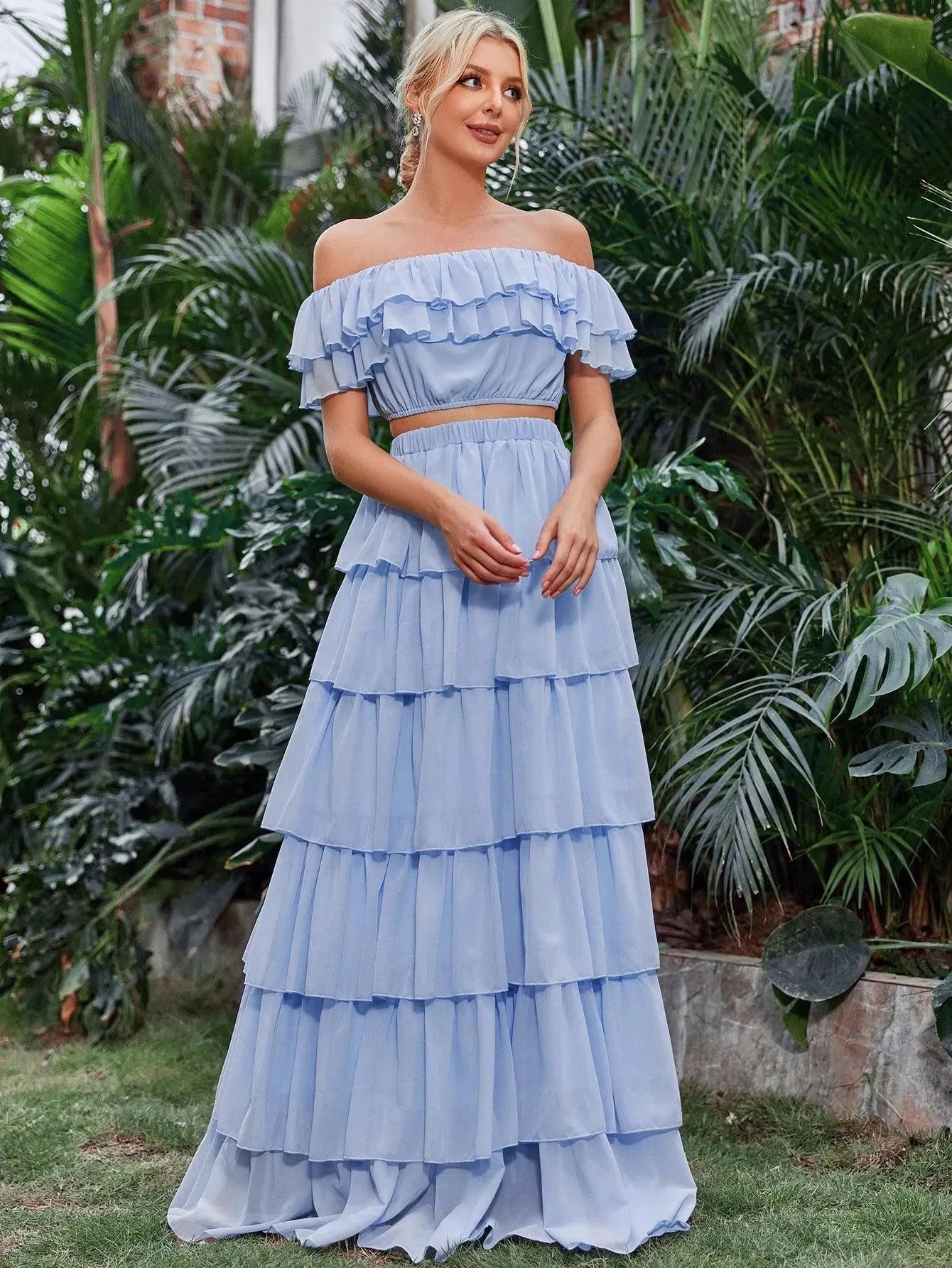 Off Shoulder Crop Top & Tiered Maxi Skirt Chiffon Two Piece Set