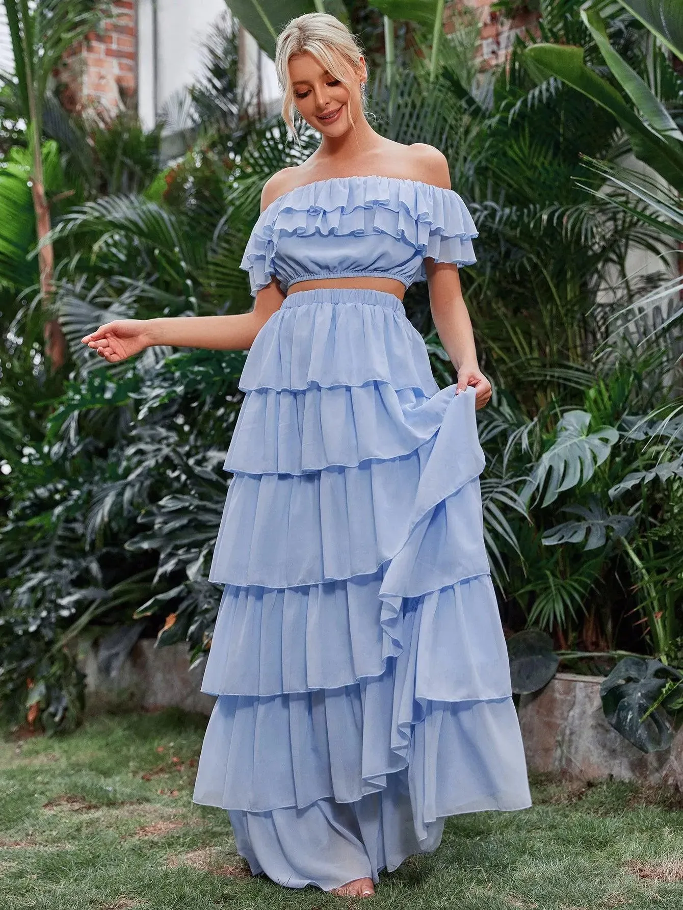 Off Shoulder Crop Top & Tiered Maxi Skirt Chiffon Two Piece Set