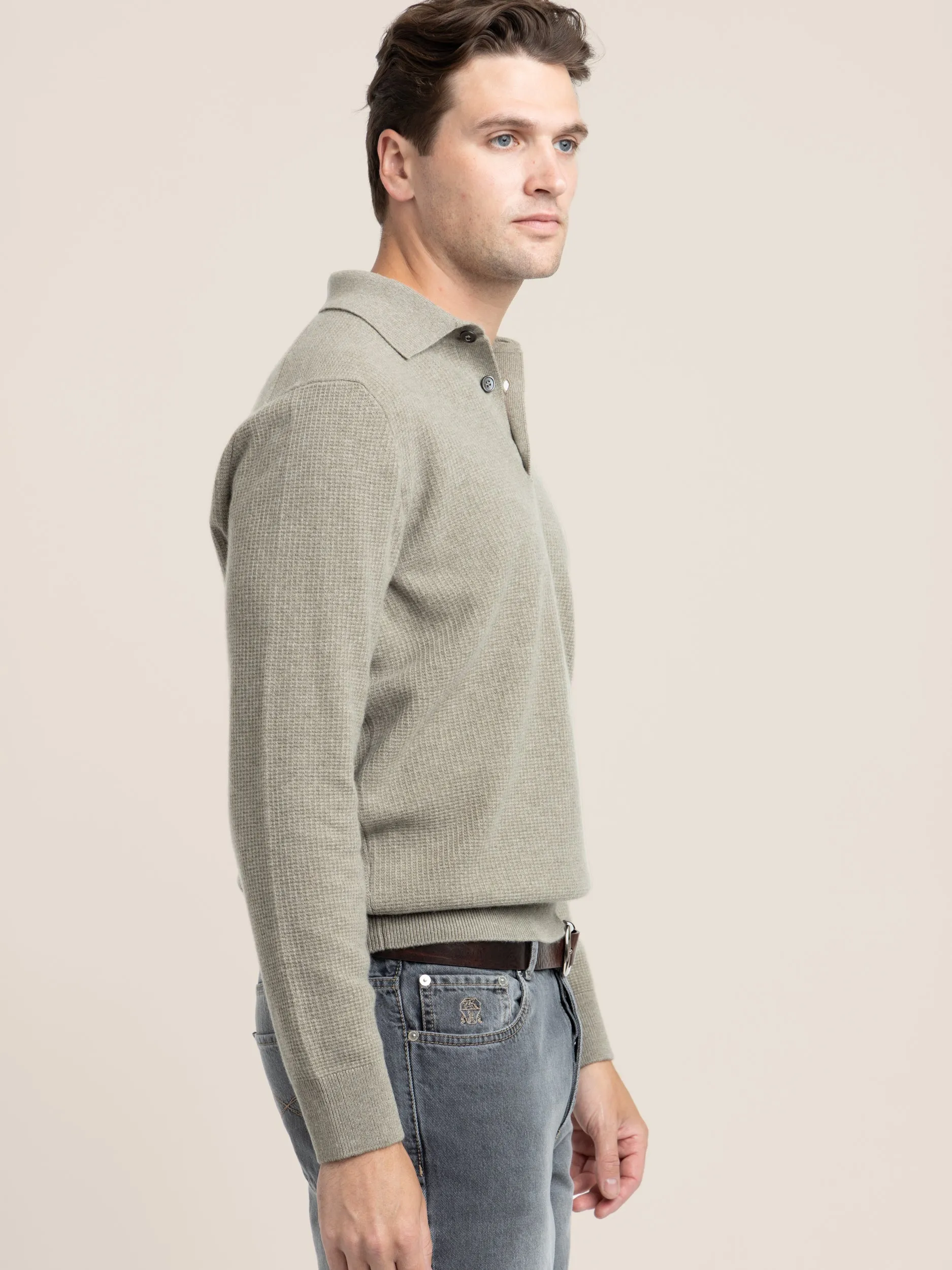 Olive Green Cashmere Waffle Stitch Knit Polo