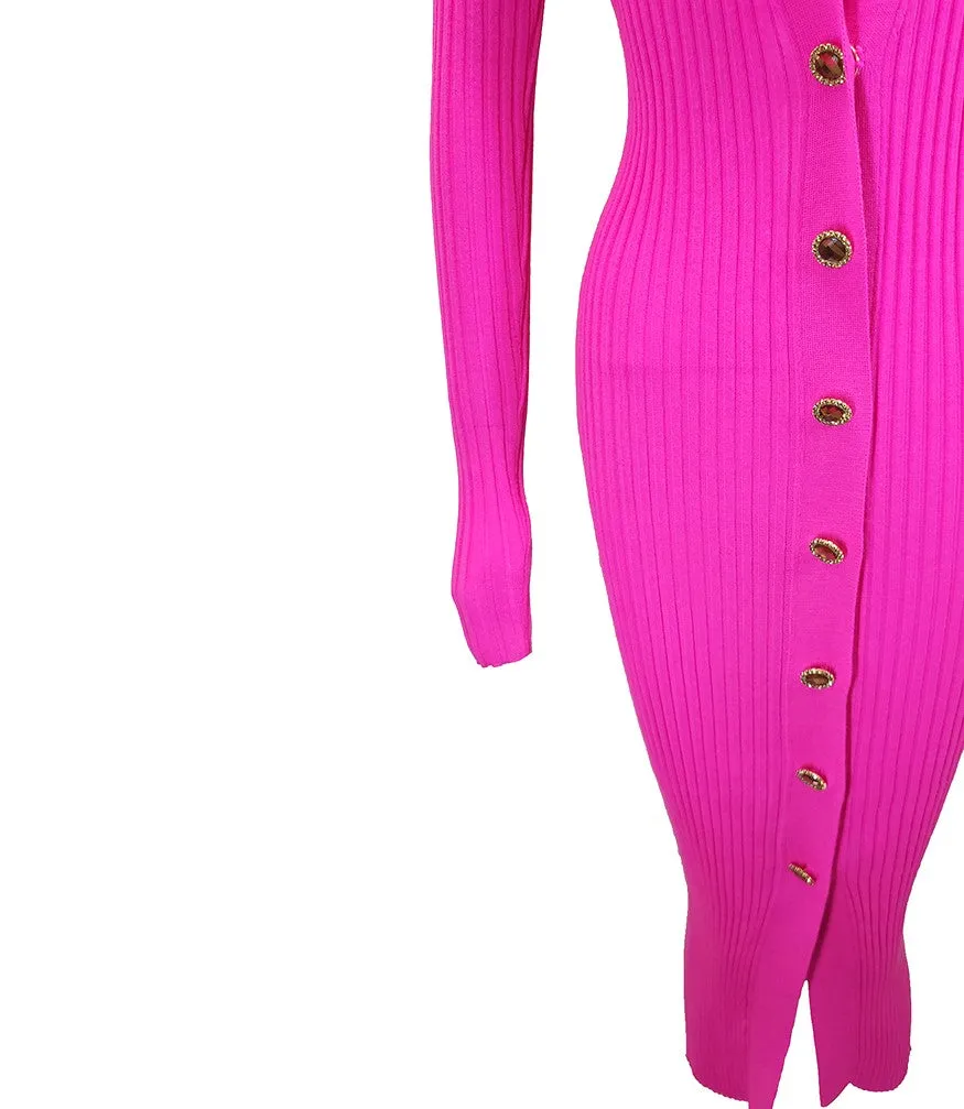 Pink Wool Ribbed Cardigan Dress