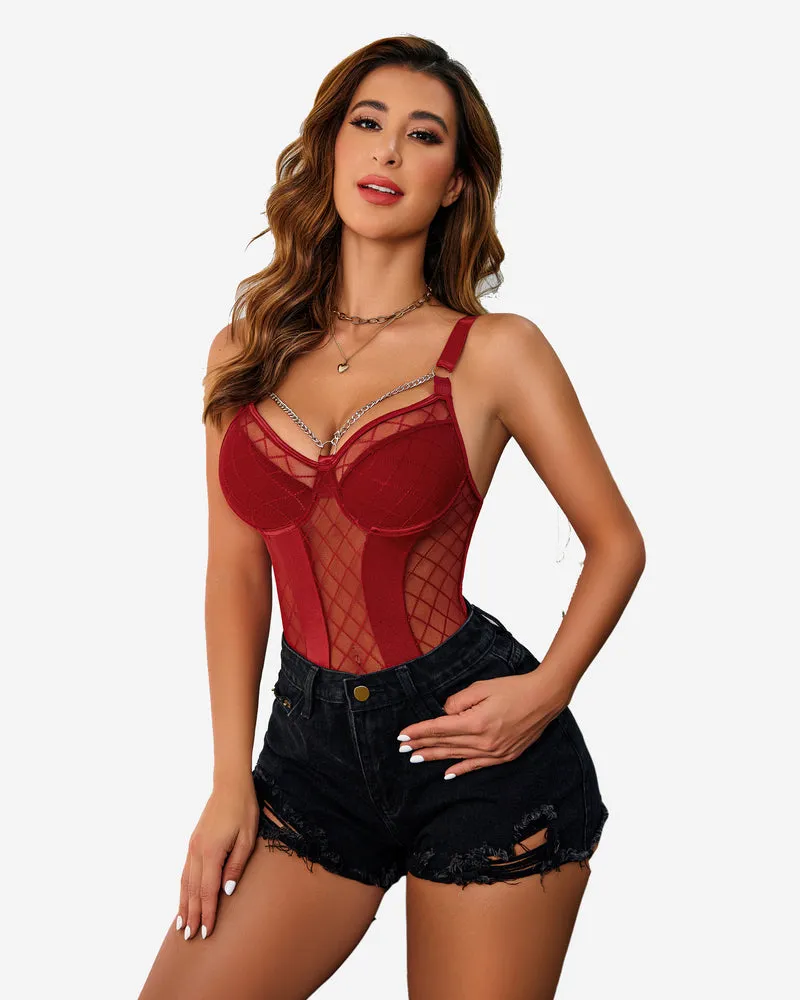 Push Up Bra Mesh Bodysuit Set with Chain