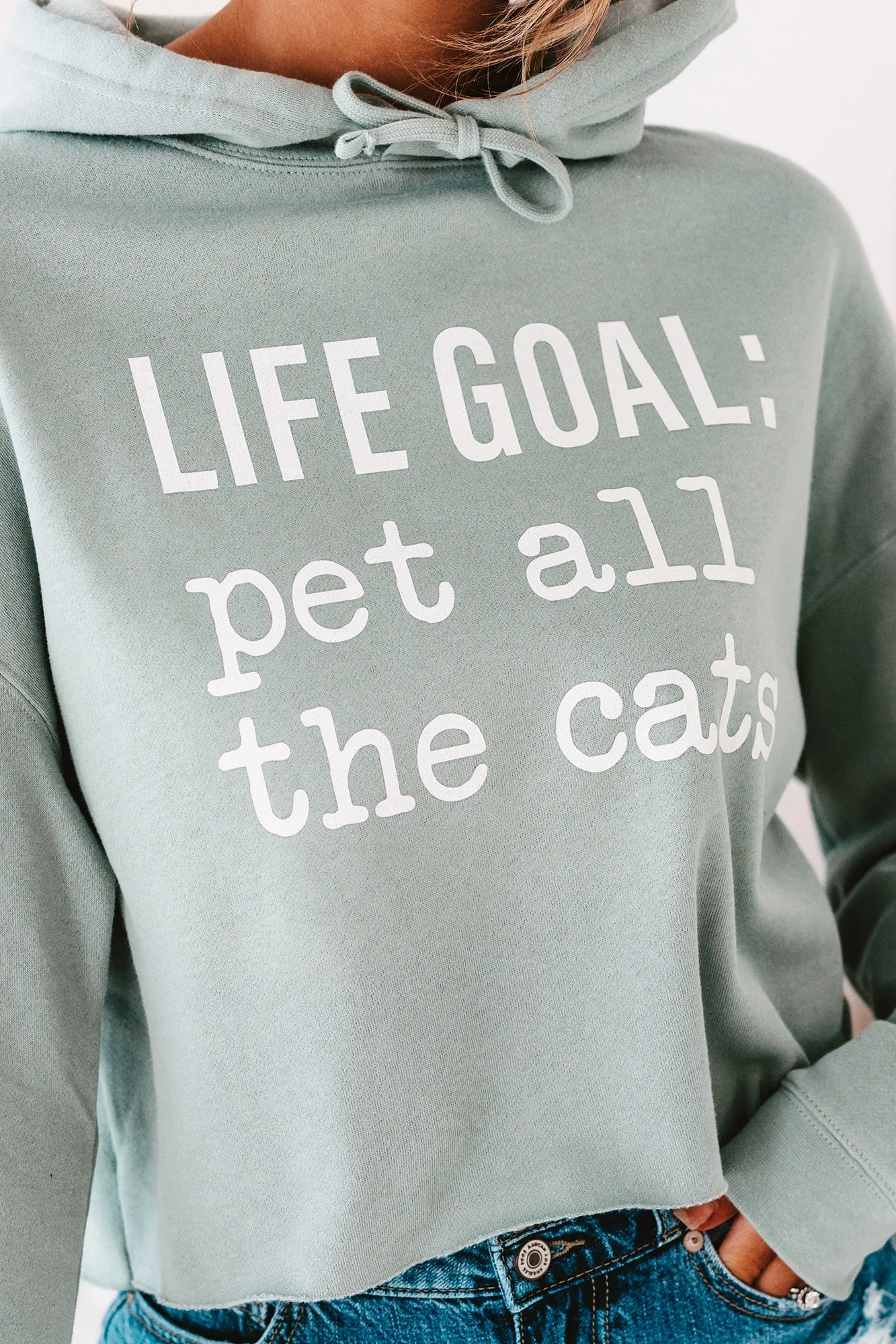 "Life Goal: Pet All The Cats" Cropped Graphic Hoodie (Sage) - Print On Demand